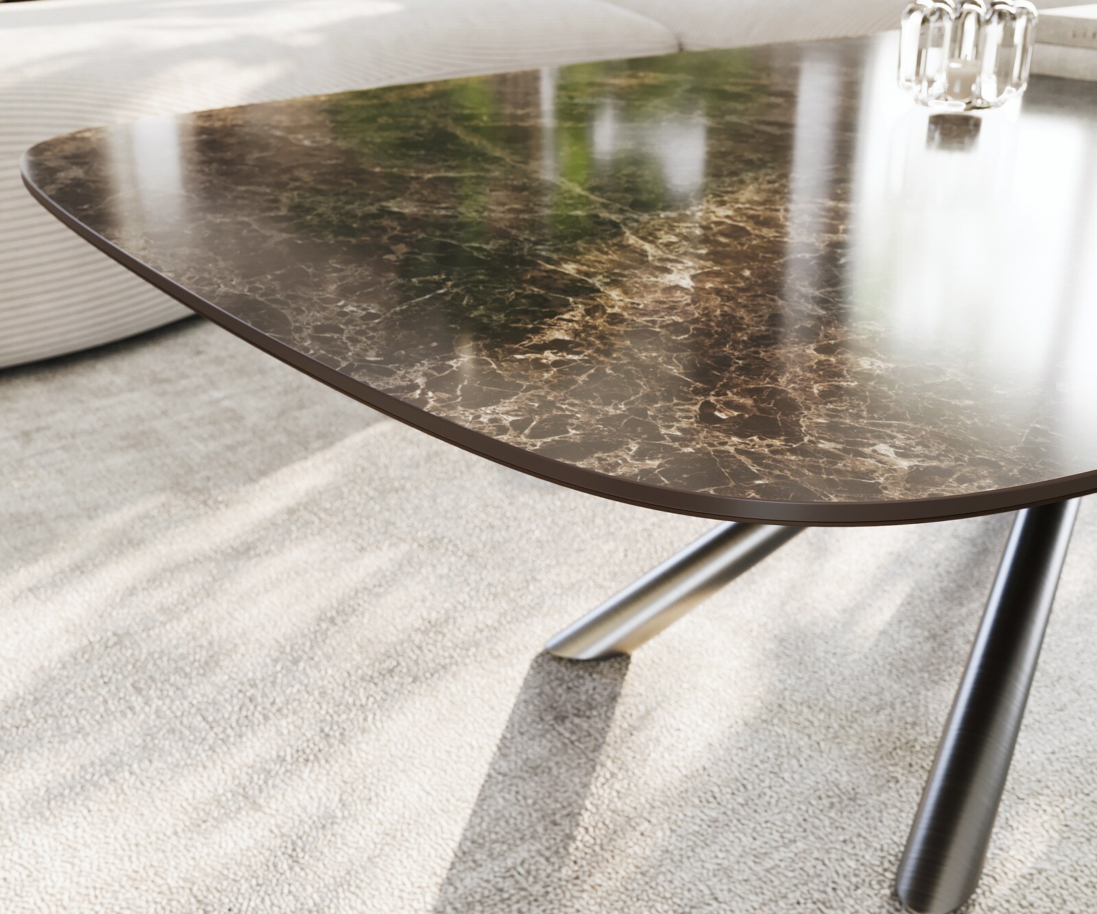 Table basse Edge Boot 140x80 cm céramique Laminam® Emperador Extra Lucidato brun foncé Sarity acier inoxydable brossé 6