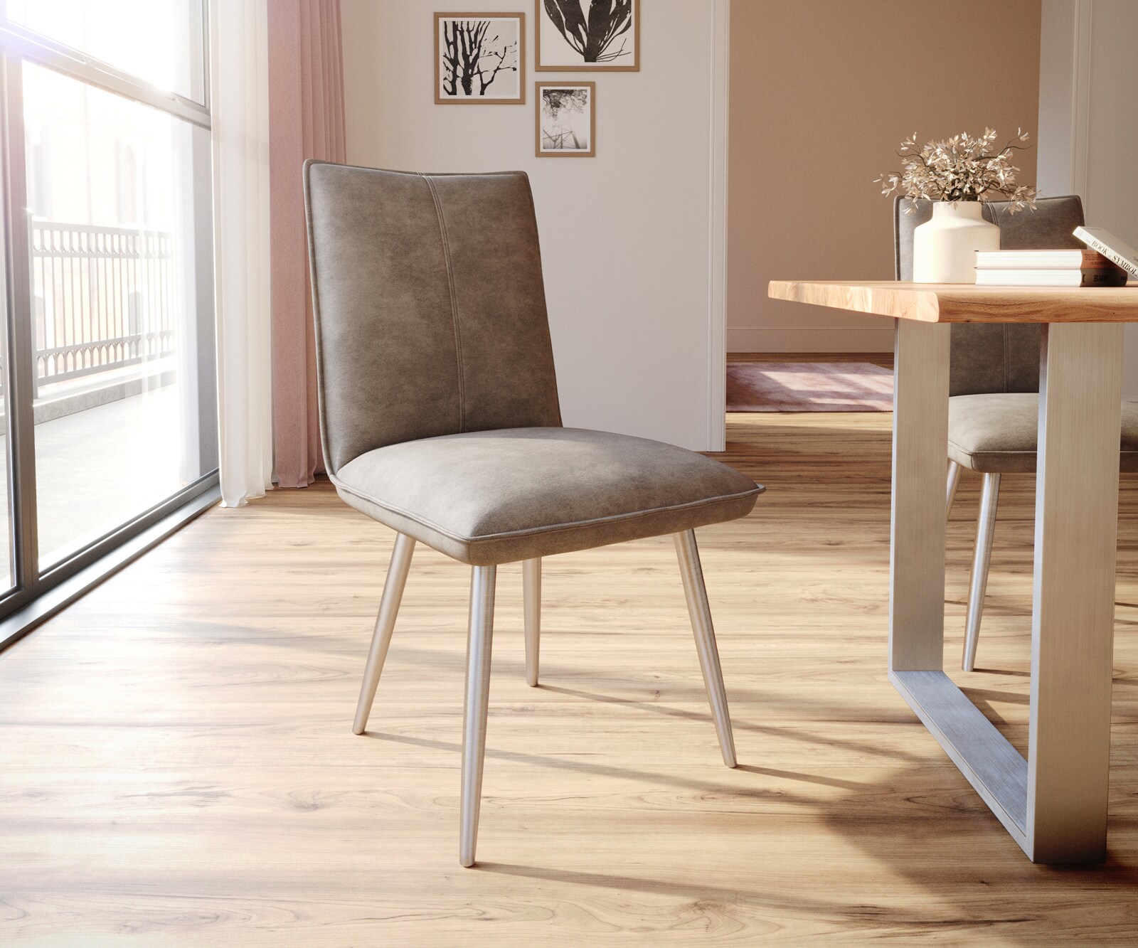 Chaise-de-salle-à-manger Lelio-Flex microvelours taupe vintage 4 pieds coniques acier inoxydable brossé ressorts ensachés