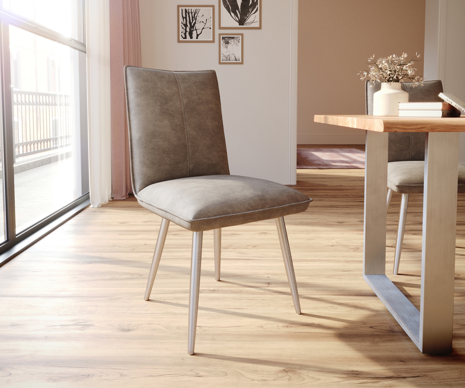 Chaise-de-salle-à-manger Lelio-Flex microvelours taupe vintage 4 pieds coniques acier inoxydable brossé ressorts ensachés Chaise-de-salle-à-manger Lelio-Flex microvelours taupe vintage 4 pieds coniques acier inoxydable brossé ressorts ensachés