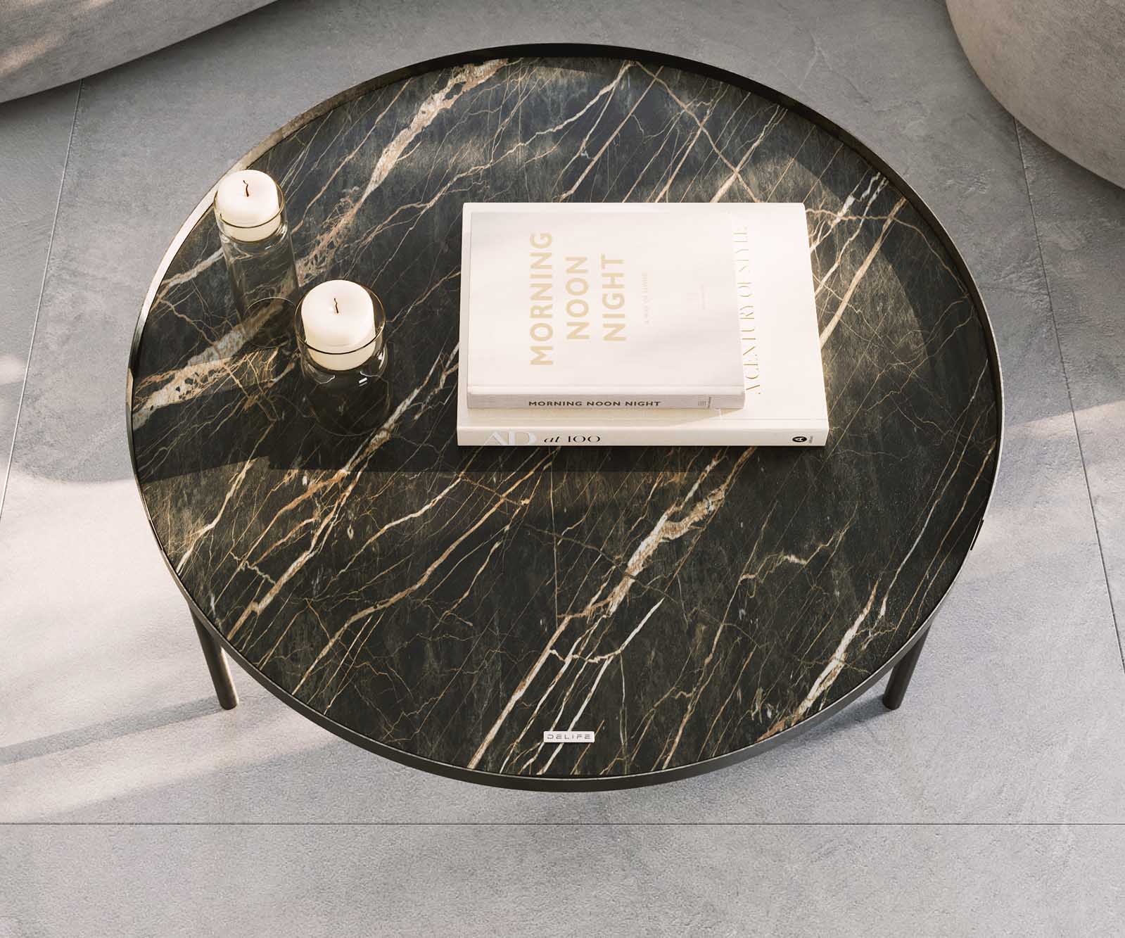 Table-basse Torell 80x80 cm Céramique Laminam®Noir Désir Marron Cadre métallique finition effet titane 5