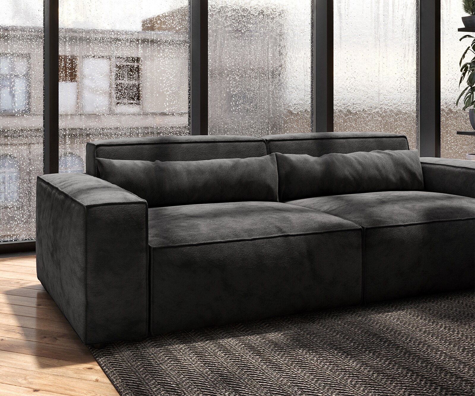 Grand Canapé Sirpio 230x95 cm Microfibre Noir avec Tabouret 4