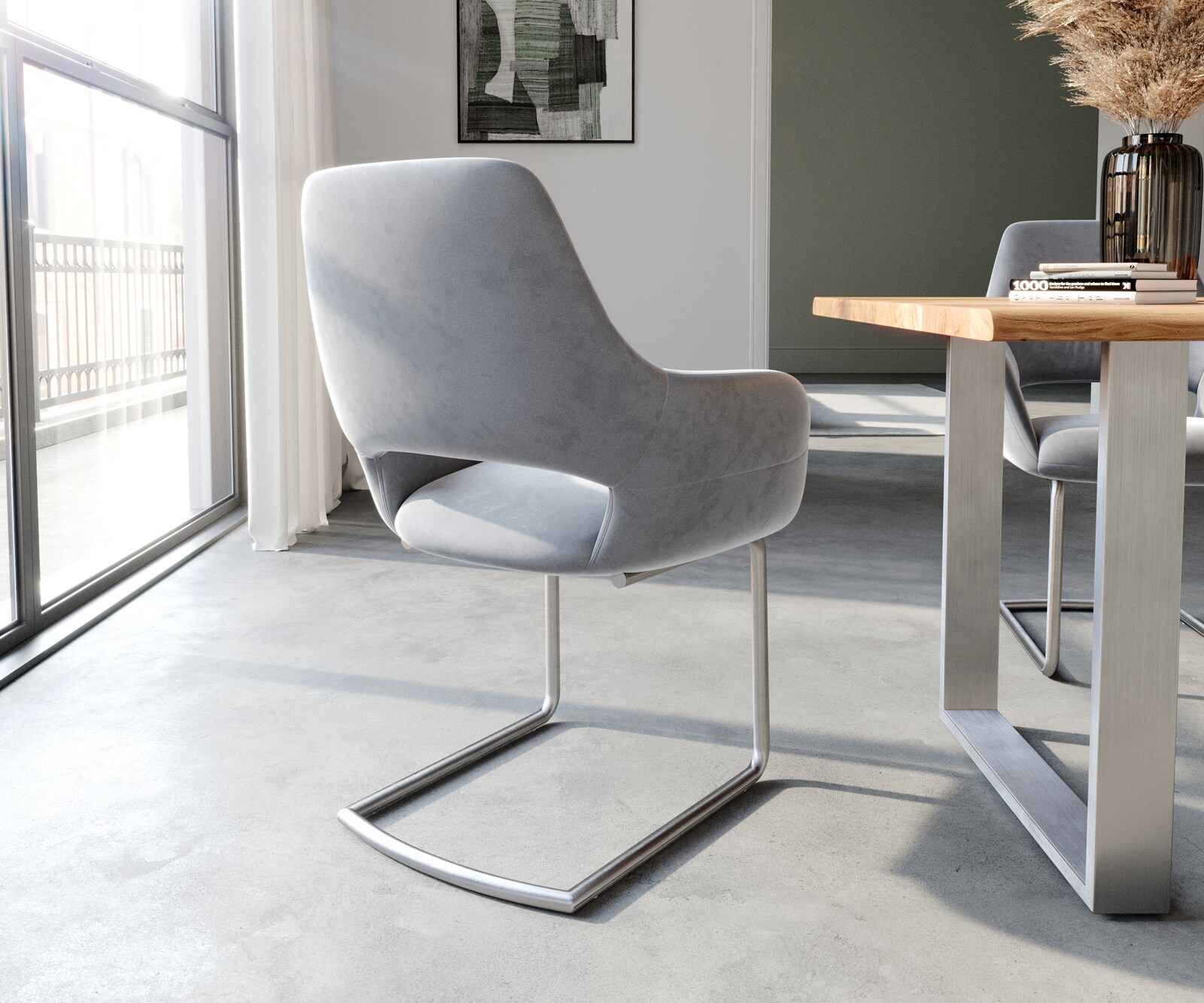 Cantilever Yago-Flex avec accoudoirs velours gris pied cantilever rond acier inoxydable brossé ressorts ensachés 4 Cantilever Yago-Flex avec accoudoirs velours gris pied cantilever rond acier inoxydable brossé ressorts ensachés 4