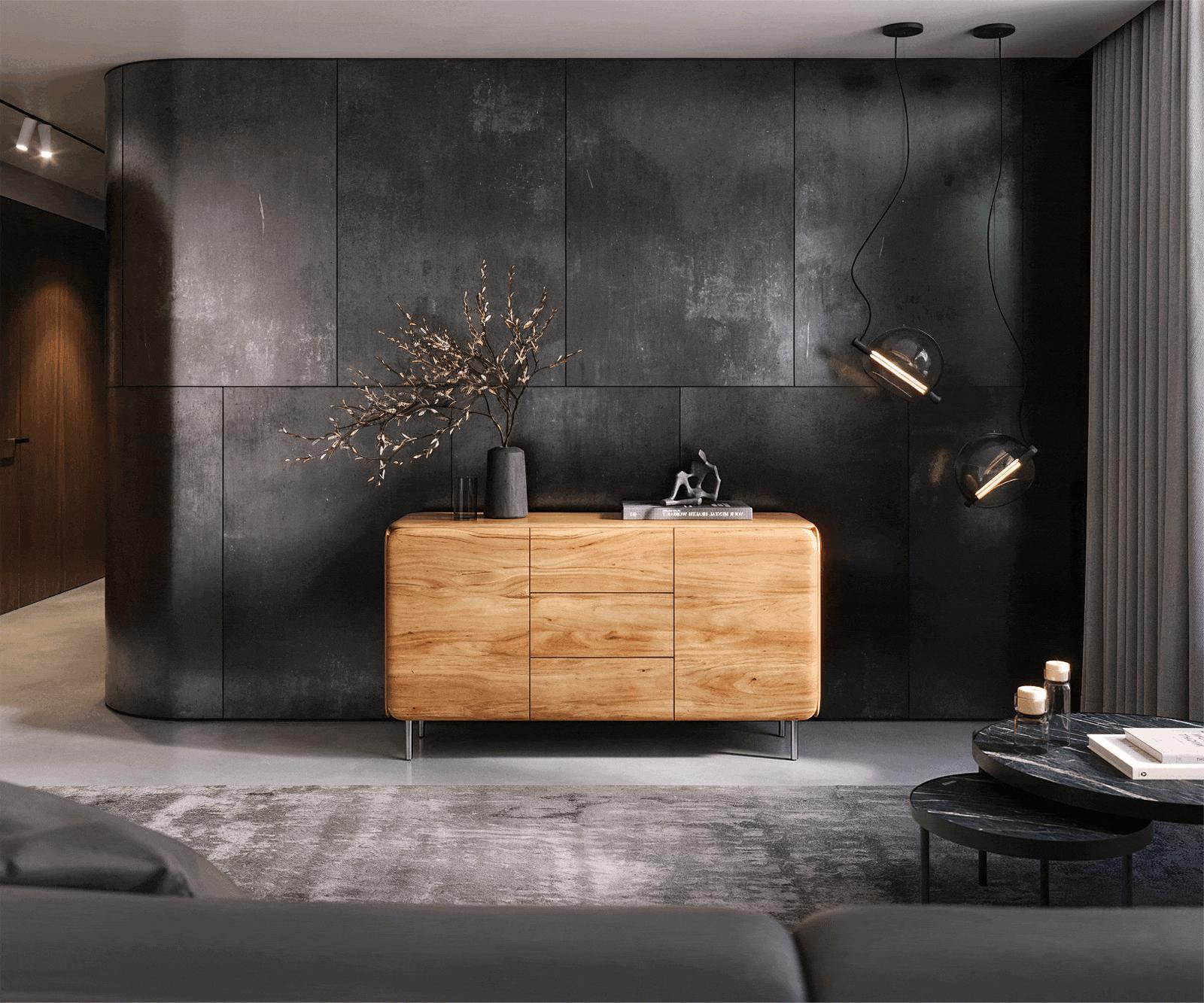 Buffet Shavani 145 cm, acacia naturel, 2 portes, 3 tiroirs, pieds arrondis en acier inoxydable argenté 1