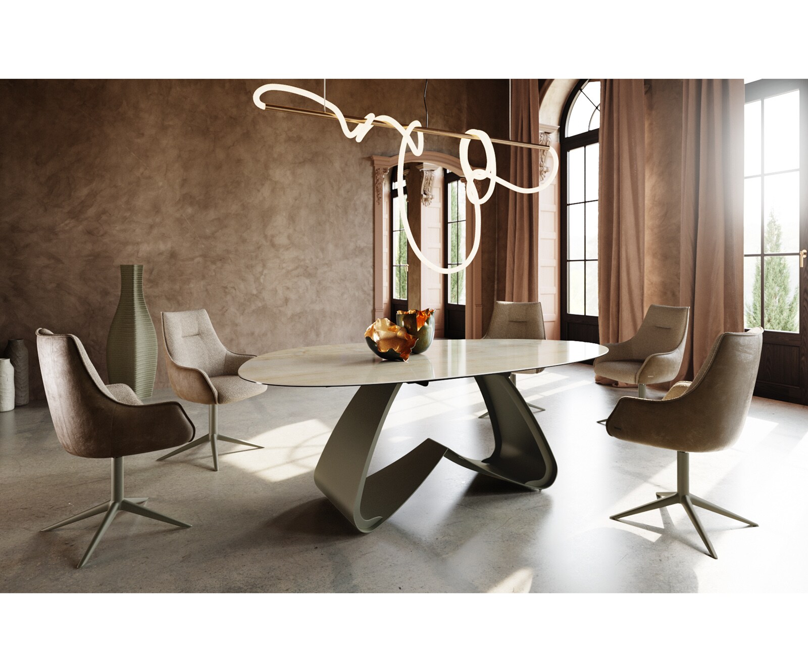 Table à manger Edge ovalee 220x120 céramique Iris FMG Onice Oro cadre en W métal effet finition titanee 6