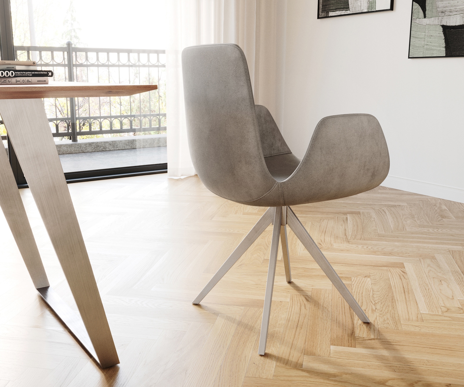 Chaise-de-salle-à-manger Ilia-Flex avec accoudoirs velours gris pied croisé angulaire acier inoxydable brossé 4 Chaise-de-salle-à-manger Ilia-Flex avec accoudoirs velours gris pied croisé angulaire acier inoxydable brossé 4