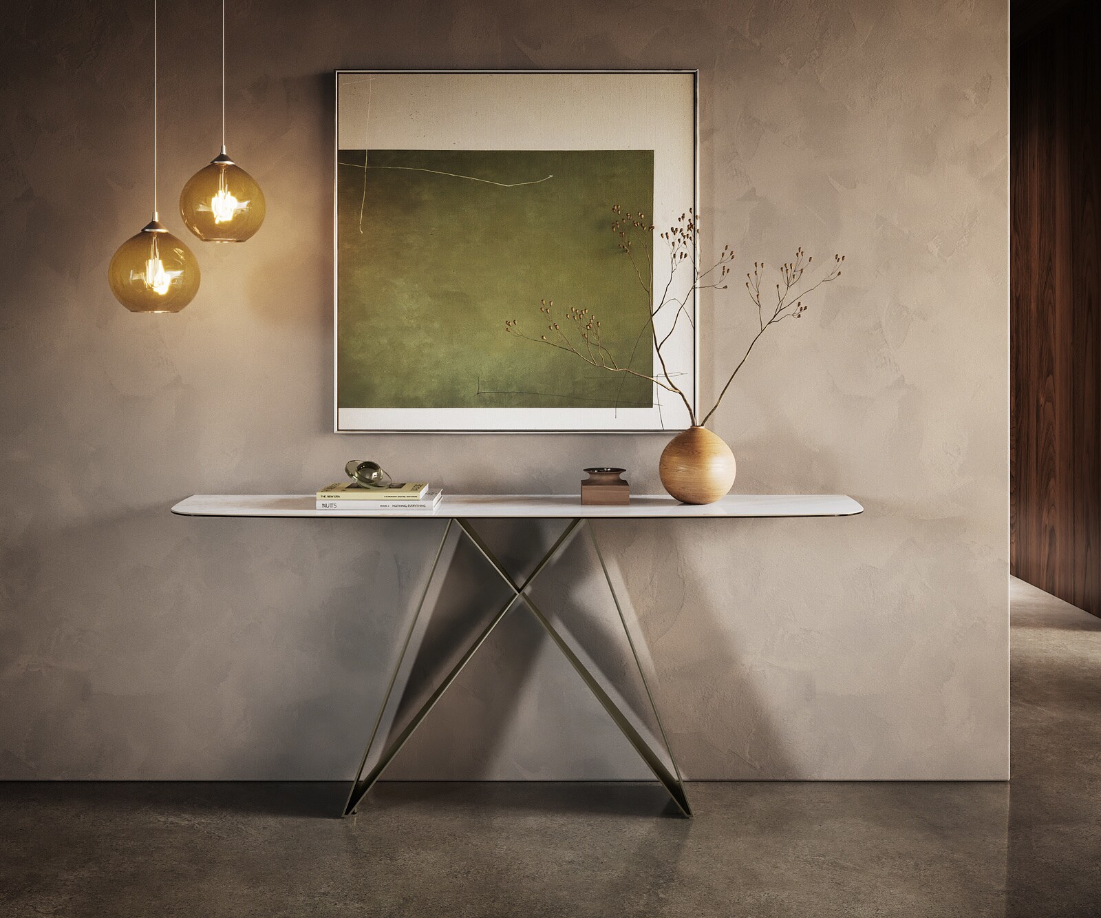Console Edge forme bateau 180x40 cm Céramique Onyx Pearl Velio Métal Effektfinish Titan 1