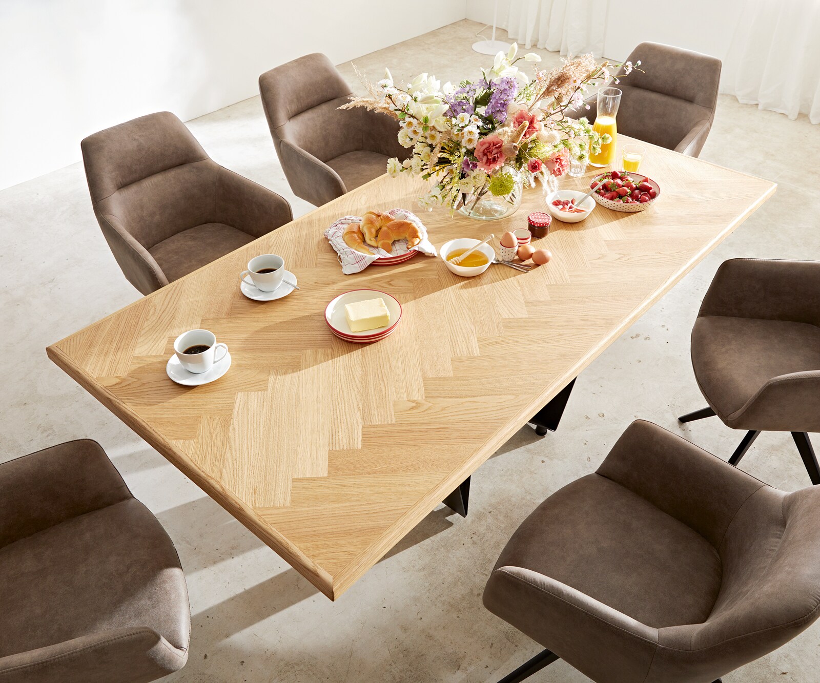Table à manger Edge-pure 200x100 chêne nature Fishbone Spider acier plat noir 1