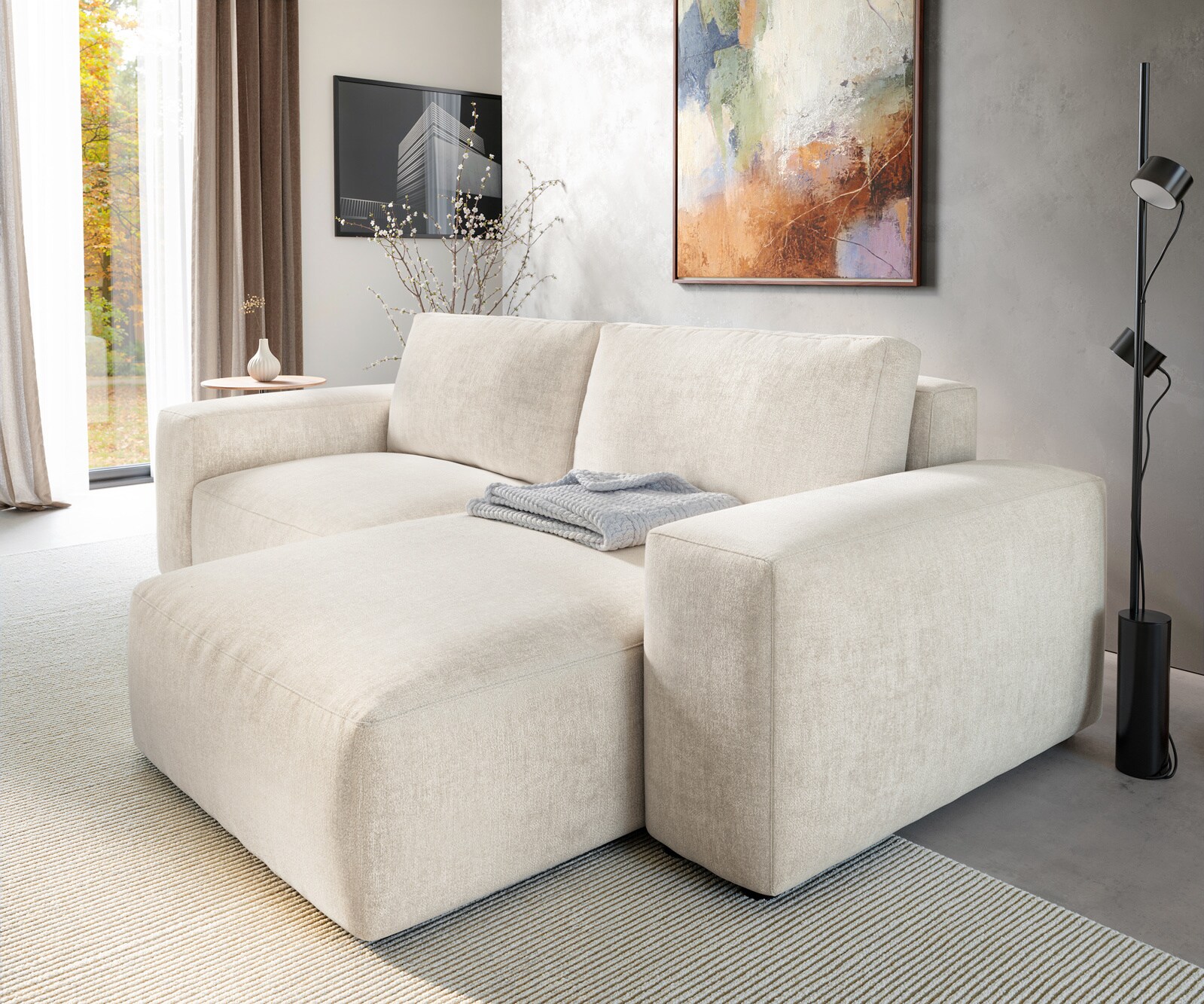 Canapé d'angle Lanzo 230x155 cm Tissu texturé doux Beige Méridienne modulable avec pouf 5