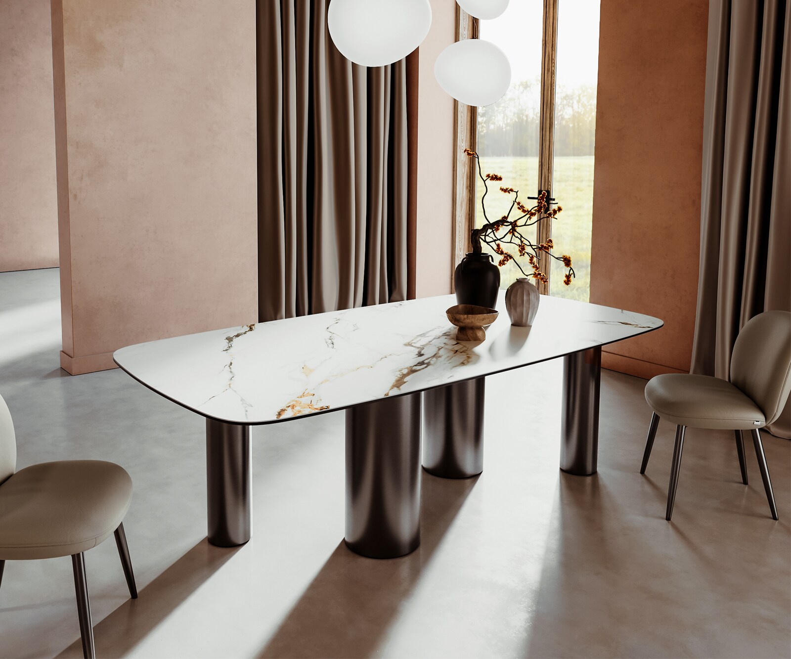 Table à manger Edge Boot 240x120 Céramique Calacatta Luxe Blanc-Doré-Gris Pilier Acier inoxydable Graphite 1