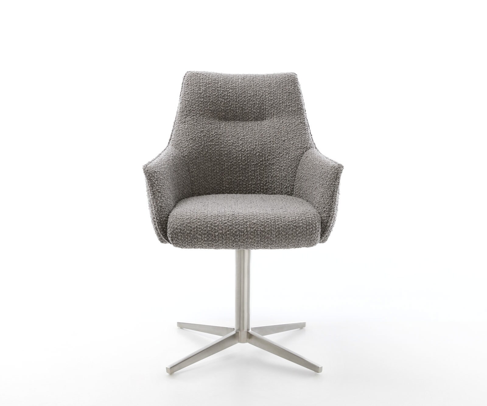 Chaise-pivotante Alja-Flex avec accoudoirs bouclé gris argenté pied de chaise 4 branches acier inoxydable brossé pivotement sur 360° ressorts ensachés 1 Chaise-pivotante Alja-Flex avec accoudoirs bouclé gris argenté pied de chaise 4 branches acier inoxydable brossé pivotement sur 360° ressorts ensachés 1