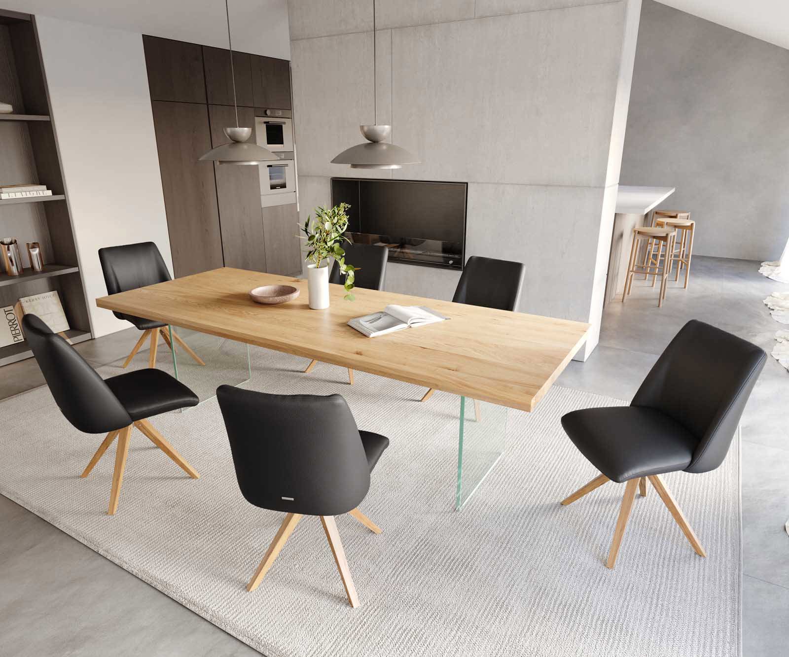 Chaise-pivotante Elso-Flex cuir de vache noir pied en bois angulaire naturel pivotement sur 180° ressorts ensachés 4 Chaise-pivotante Elso-Flex cuir de vache noir pied en bois angulaire naturel pivotement sur 180° ressorts ensachés 4