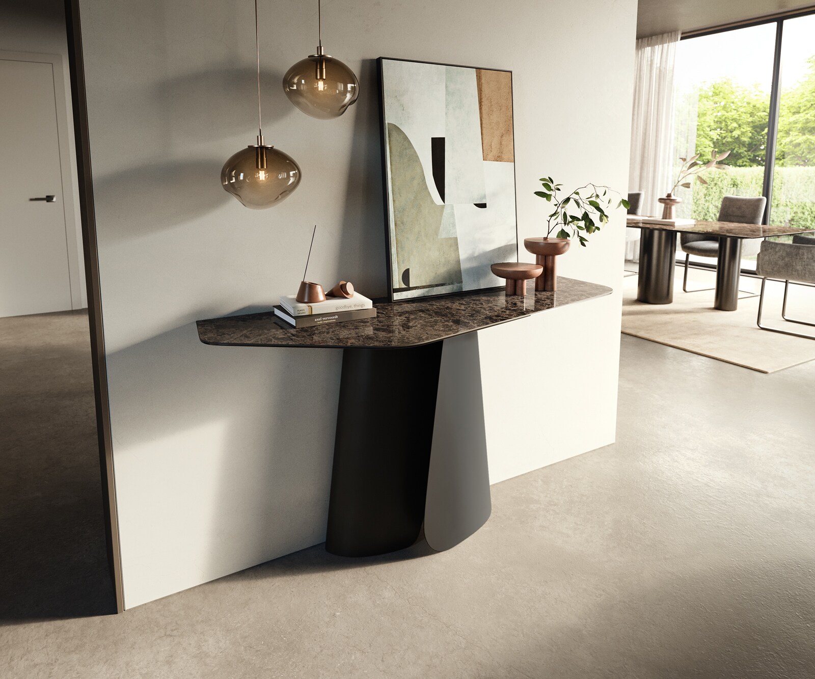 Console Edge Polygonal 140x50 cm Céramique Emperador Extra Lucidato Dunkelbraun Livos Métal Noir 3