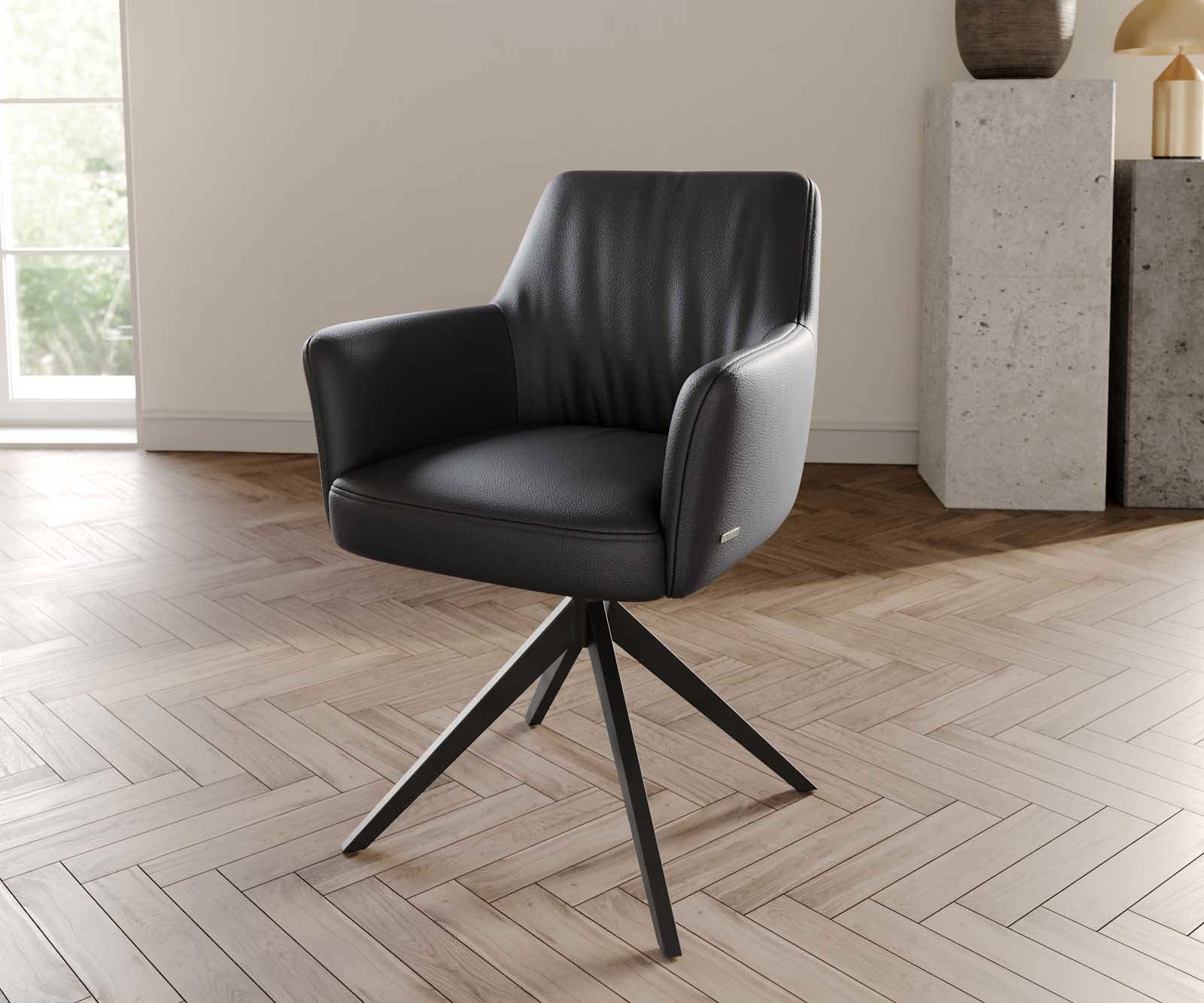 Chaise-pivotante Xana-Flex avec accoudoirs cuir de vache noir pied croisé large noir pivotement sur 360° ressorts ensachés