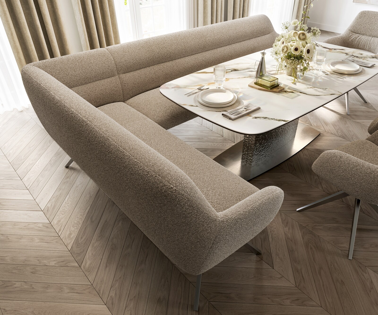 Banc-de-salle-à-manger Taya-Flex 285x190 cm bouclé boue pied croisé angulaire acier inoxydable ressort ensaché à droite 4