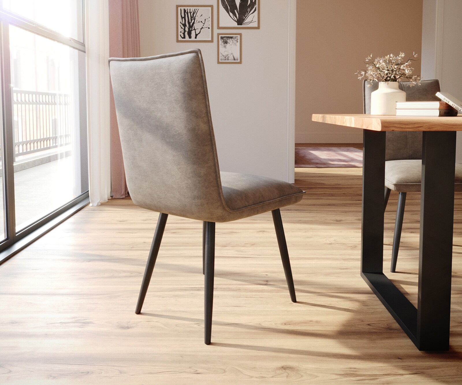 Chaise-de-salle-à-manger Lelio-Flex microvelours taupe vintage 4 pieds coniques noir ressorts ensachés 4