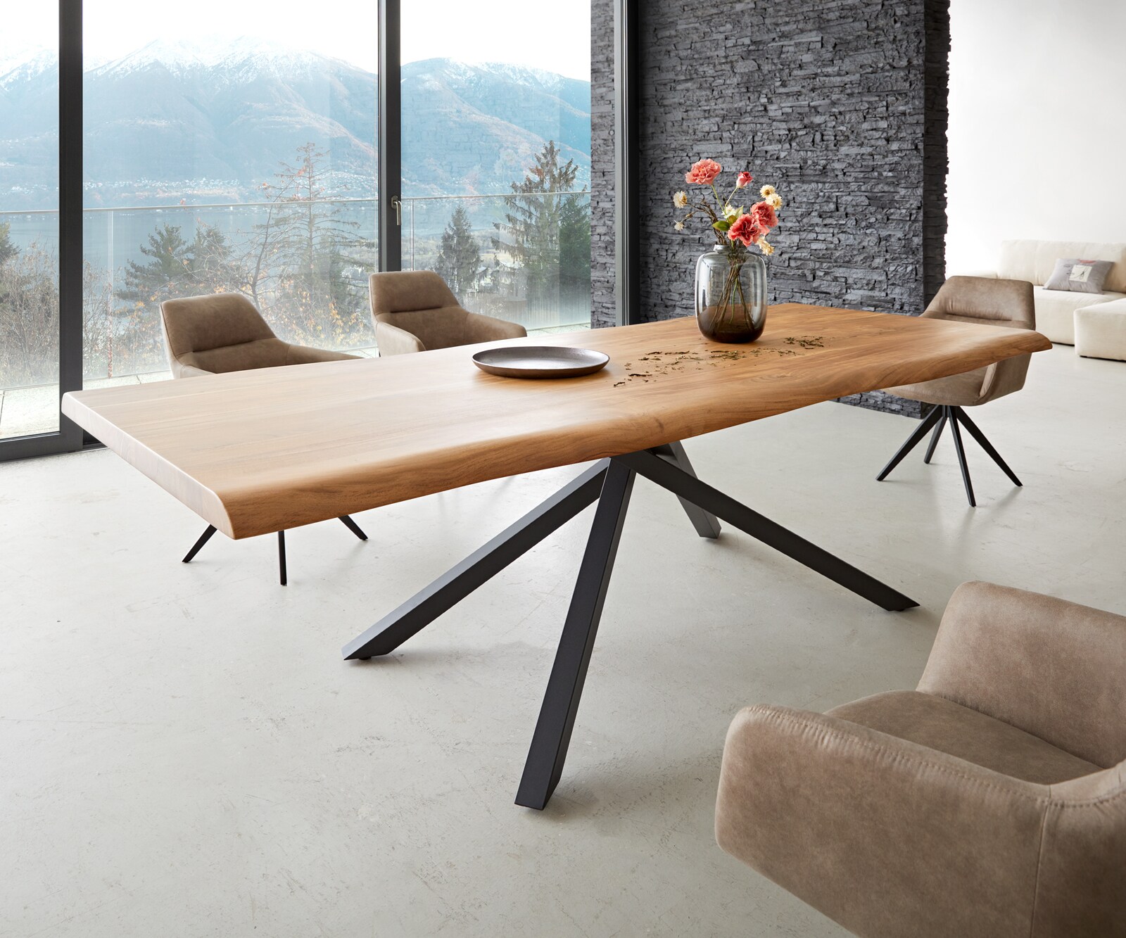Table à manger Edge 260x100 XL acacia nature cadre croisé rectangle noir Live-Edge 1