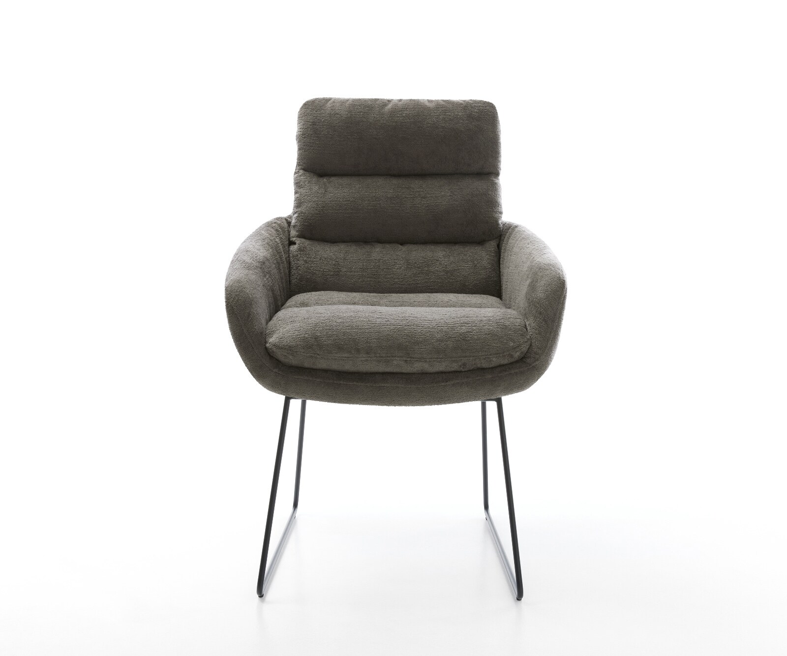 Chaise-de-salle-à-manger Abelia-Flex avec accoudoirs bouclé doux couleur boue pied trapèze noir 2