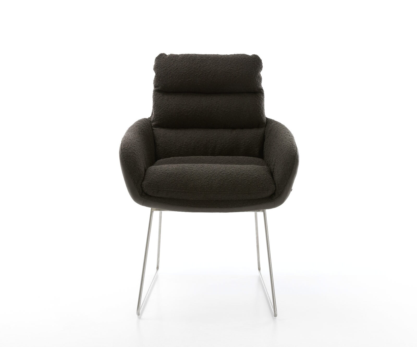 Chaise-de-salle-à-manger Abelia-Flex avec accoudoirs tissu mixte noir pied trapèze acier inoxydable brossé 1 Chaise-de-salle-à-manger Abelia-Flex avec accoudoirs tissu mixte noir pied trapèze acier inoxydable brossé 1