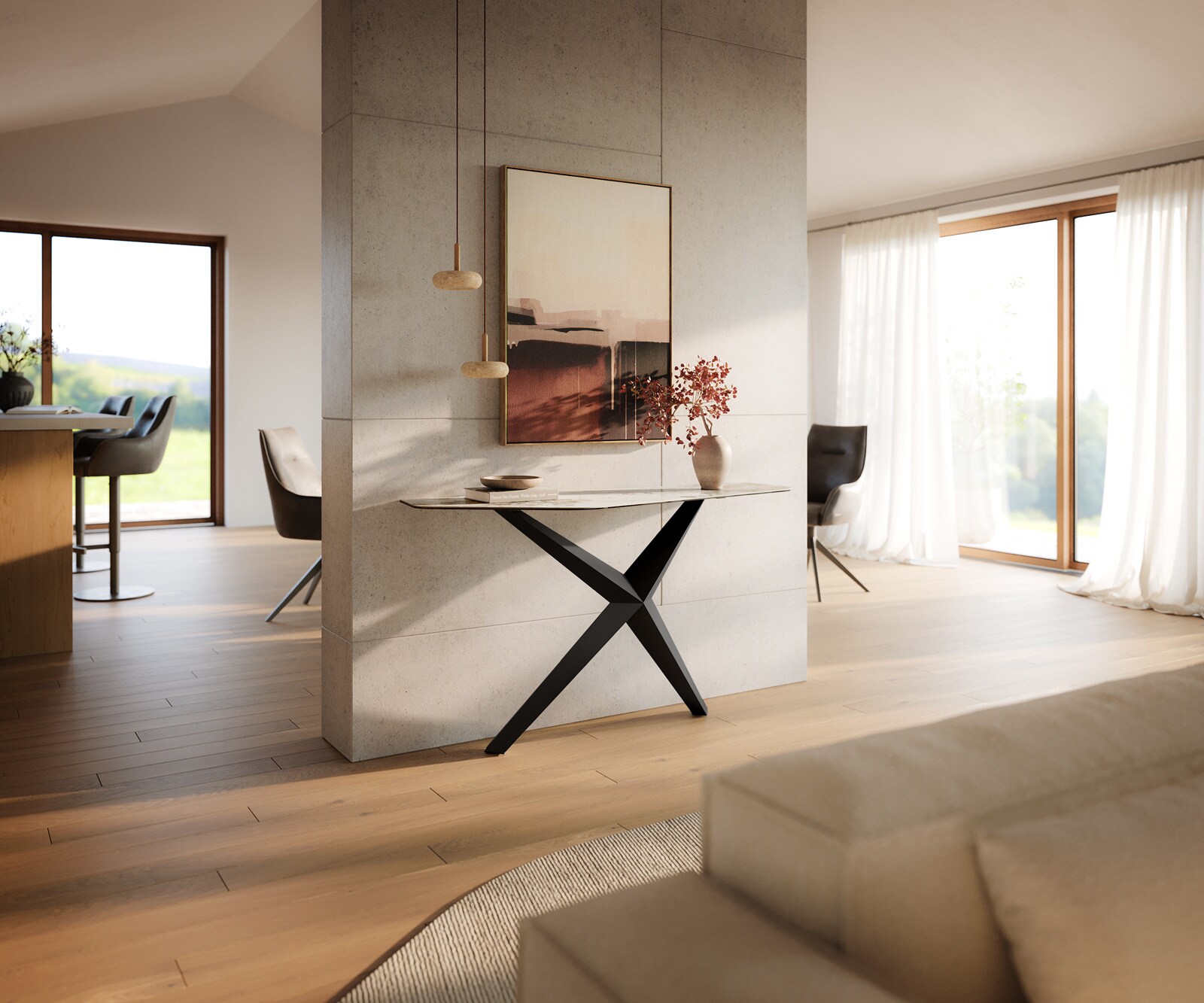 Console Edge Polygonal 140x50 cm Céramique Minas Melange Weiß-Beige Zentharo Métal Noir 6