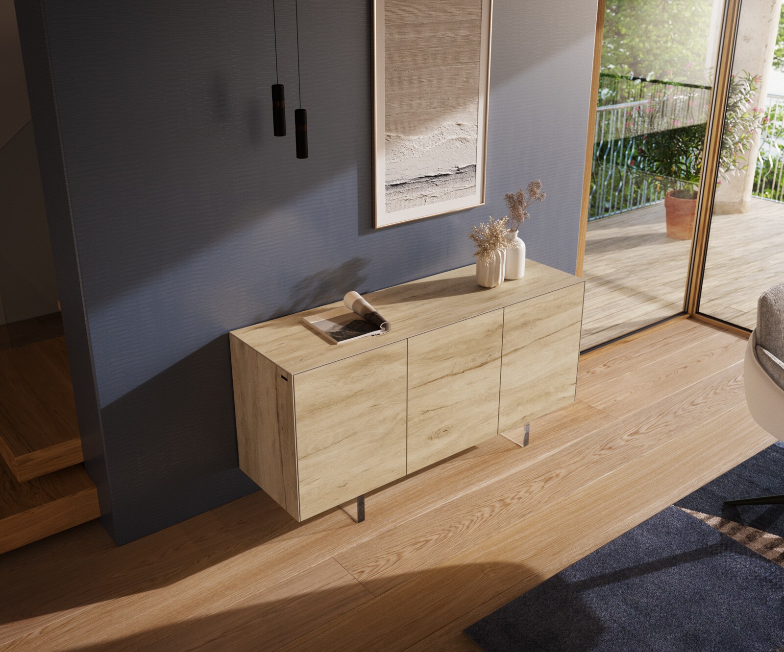 Buffet Cuor 150 cm Céramique Laminam® Sabbia Teinte chêne 3 Portes Pied optique flottant Verre acrylique 3