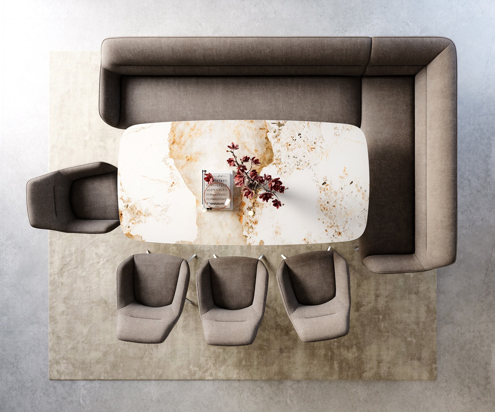 Banc-de-salle-à-manger Taya-Flex 285x190 cm tissu structuré doux taupe pied croisé angulaire acier inoxydable ressort ensaché liens 6