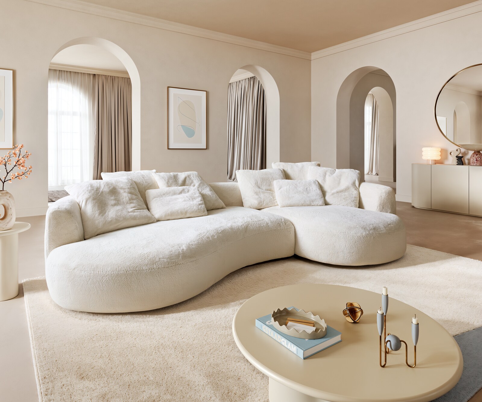 Grand-canapé Edina 330x170 cm Plüsch Creme-Weiß