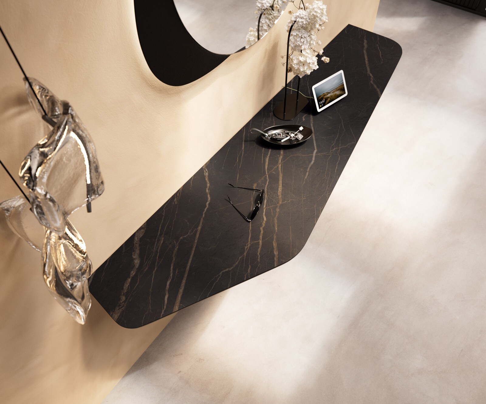 Console Edge Polygonal 180x50 cm Céramique Laminam® Noir Desir Braun Livos Métal Effektfinish Titan 1