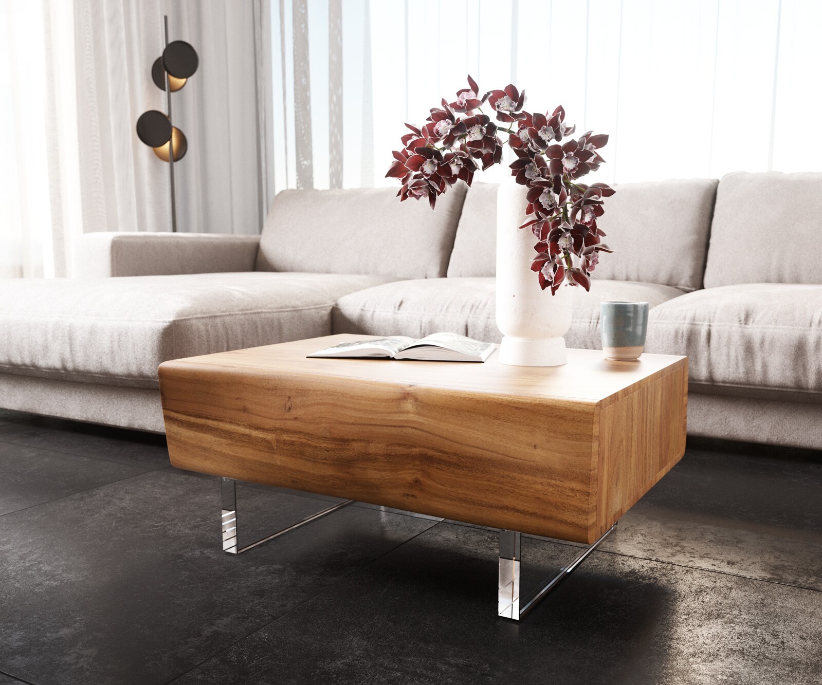 Table-basse New Live-Edge 80x60 cm acacia naturel 2 tiroirs pied acrylique 3