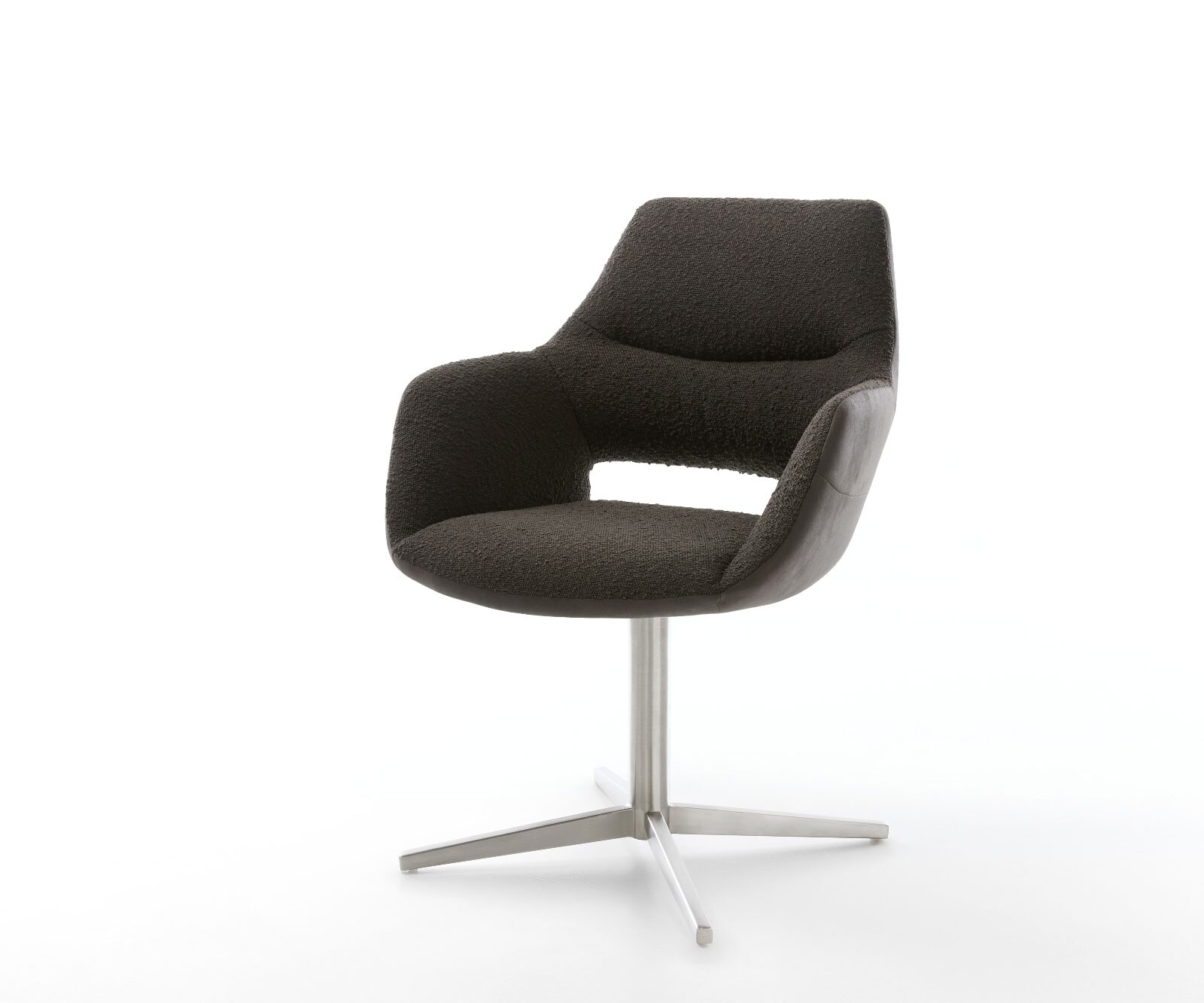 Chaise-pivotante Yago-Flex avec accoudoirs tissu mixte noir pied de chaise 4 branches acier inoxydable brossé pivotement sur 360° ressorts ensachés