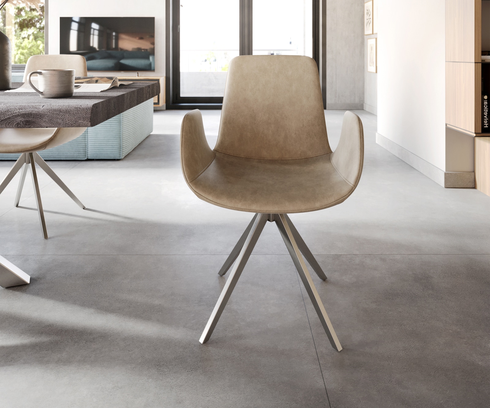 Chaise-de-salle-à-manger Ilia-Flex avec accoudoirs microvelours beige vintage pied croisé angulaire acier inoxydable brossé 1 Chaise-de-salle-à-manger Ilia-Flex avec accoudoirs microvelours beige vintage pied croisé angulaire acier inoxydable brossé 1