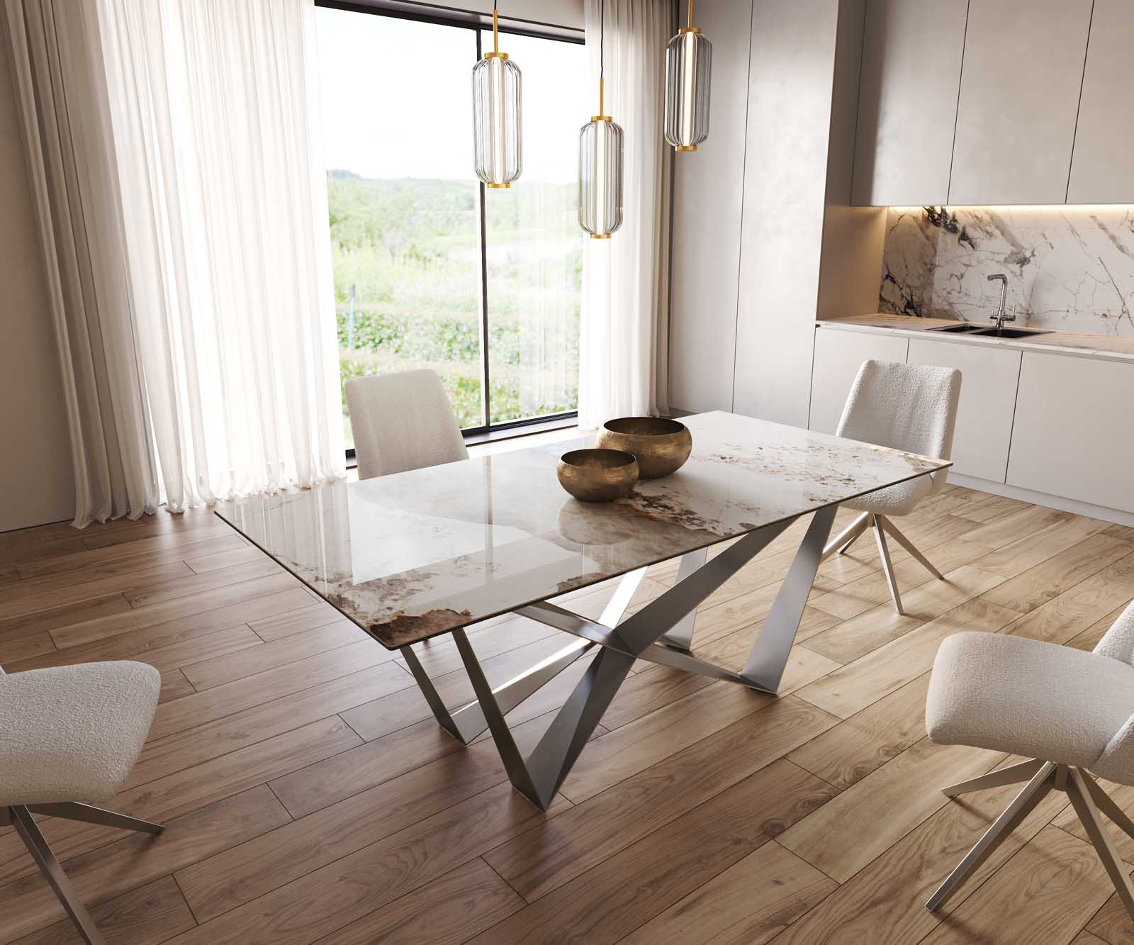 Table à manger Edge 200x100 céramique Minas mélange blanc-beige Spider acier plat acier inoxydable Table à manger Edge 200x100 céramique Minas mélange blanc-beige Spider acier plat acier inoxydable