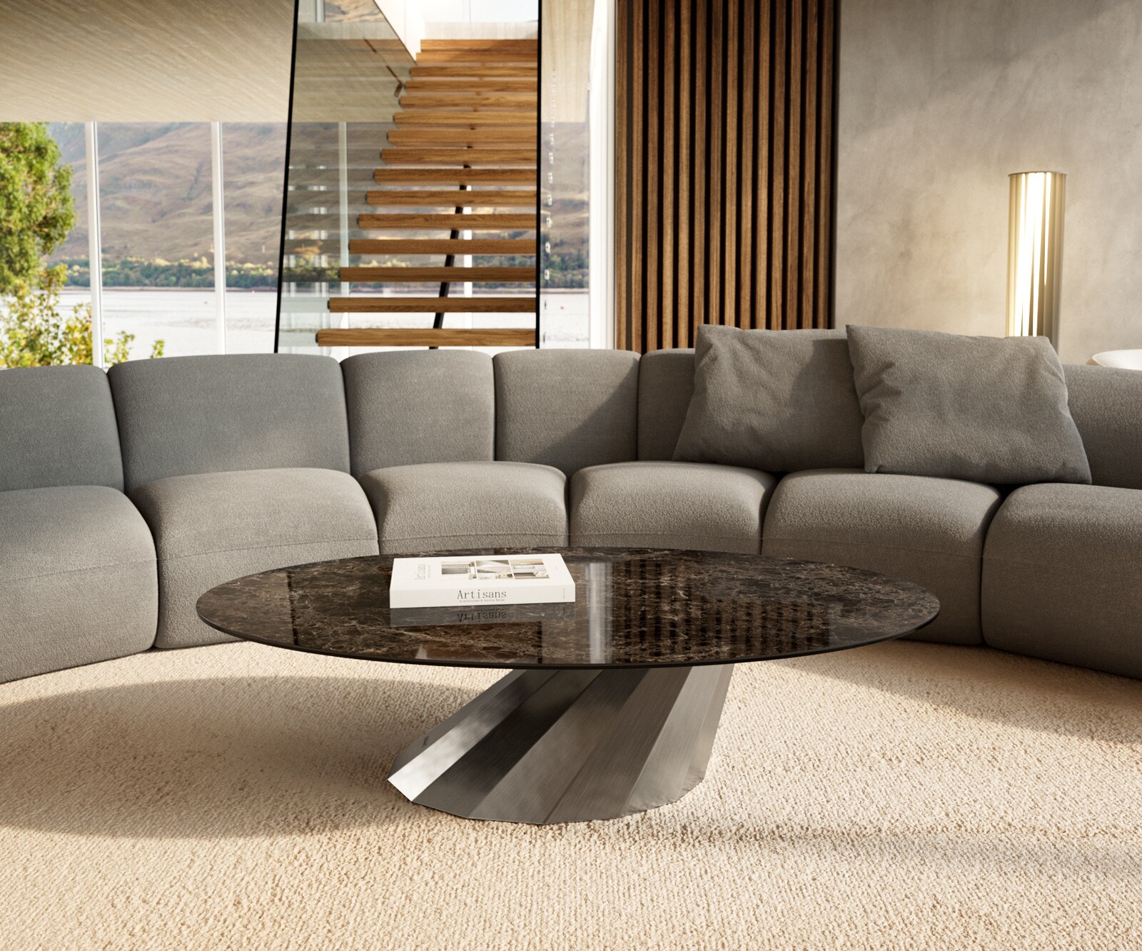 Table basse Edge Oval 140x80 cm céramique Laminam® Emperador Extra Lucidato brun foncé Parabi acier inoxydable brossé 2