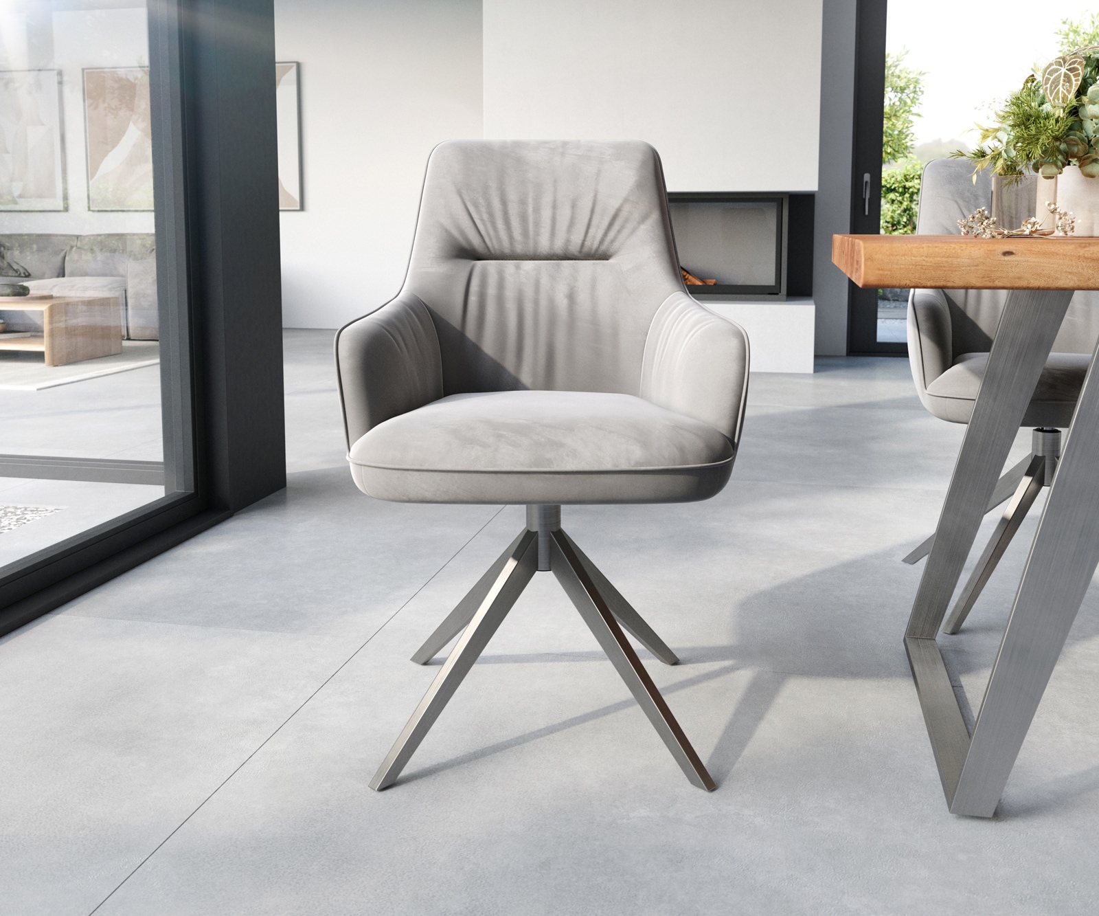 Chaise-de-salle-à-manger Zelia-Flex avec accoudoirs velours gris pied croisé large acier inoxydable brossé ressorts ensachés 1 Chaise-de-salle-à-manger Zelia-Flex avec accoudoirs velours gris pied croisé large acier inoxydable brossé ressorts ensachés 1