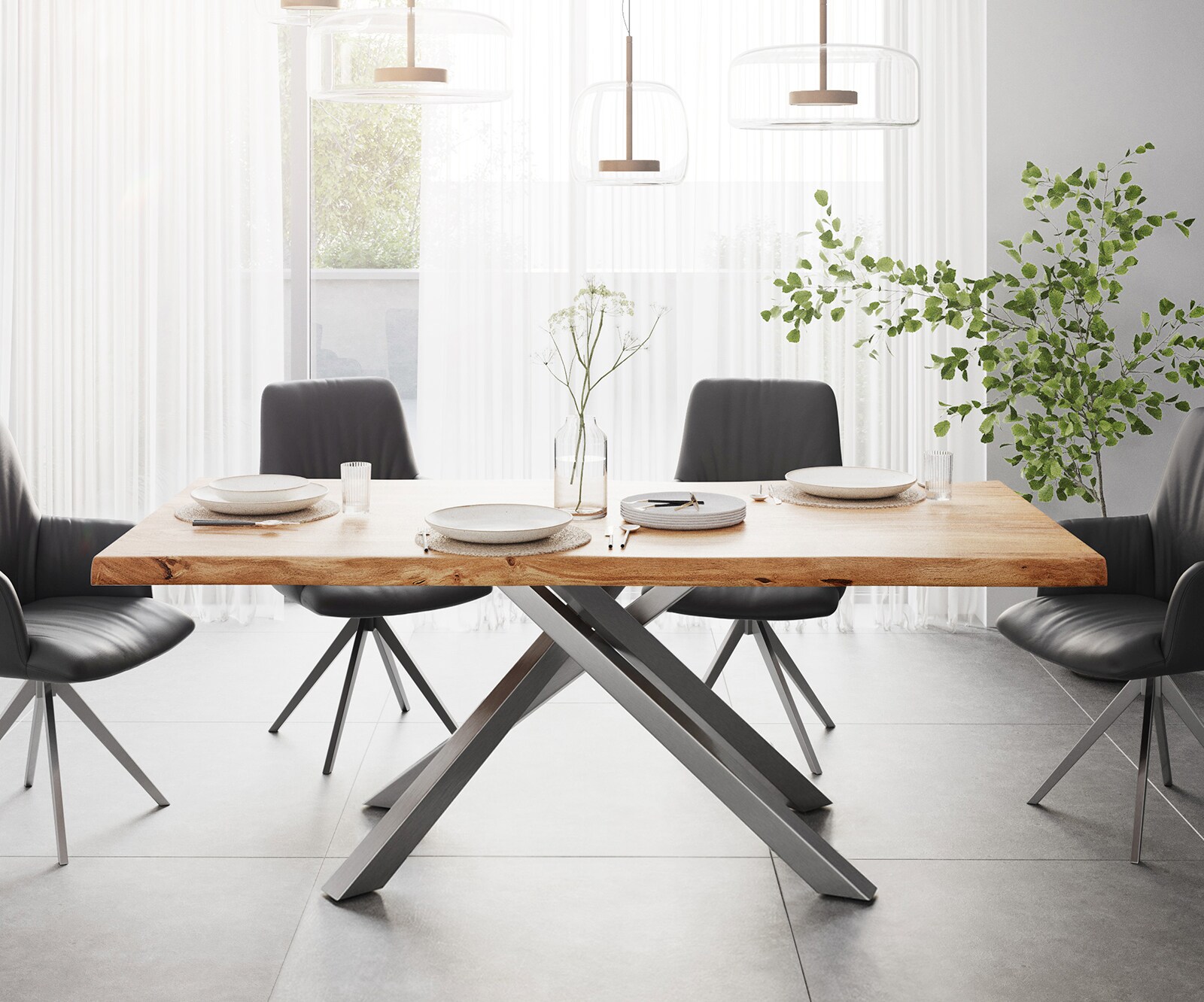 Table à manger Edge 200x100 XL Acacia Naturel cadre croisé Rectangle Acier inoxydable Live-Edge 2