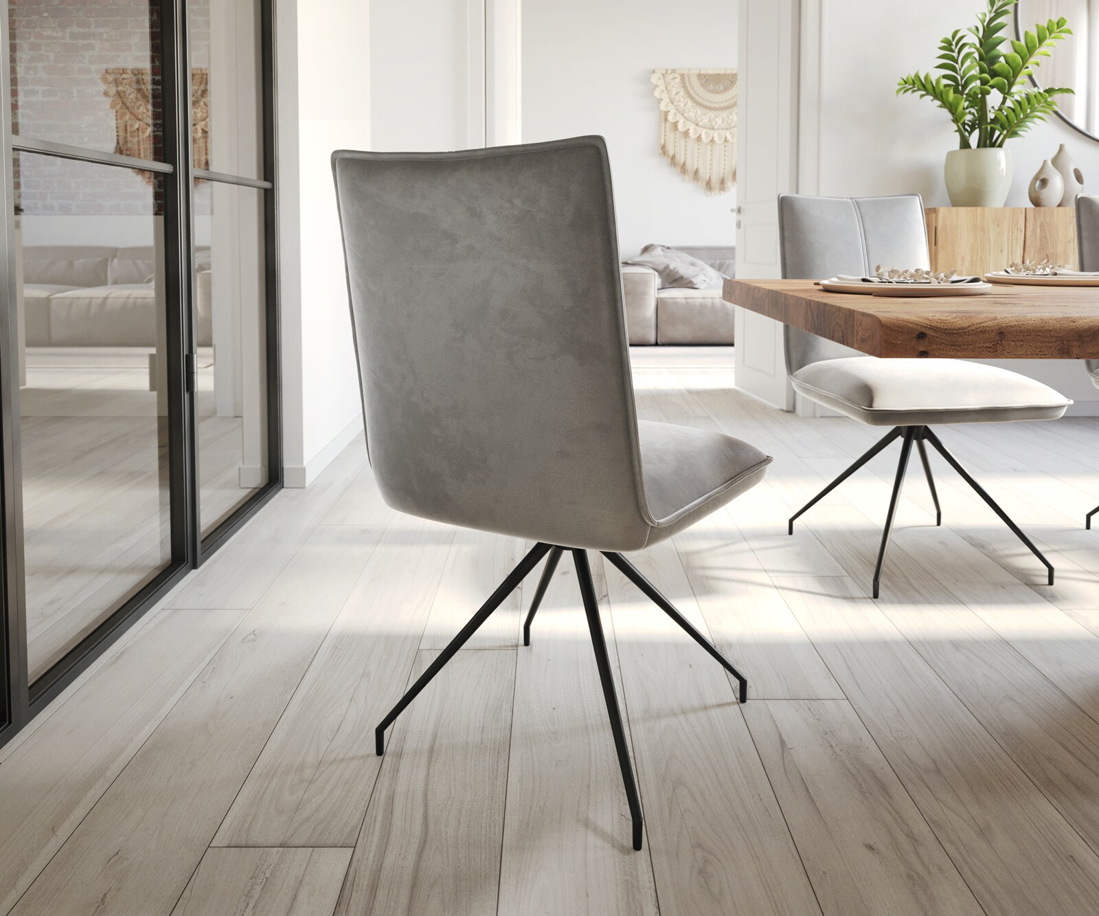 Chaise-de-salle-à-manger Lelio-Flex velours gris pied croisé conique noir ressorts ensachés 4 Chaise-de-salle-à-manger Lelio-Flex velours gris pied croisé conique noir ressorts ensachés 4