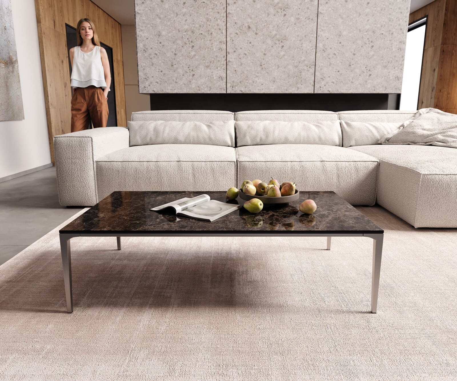 Table-basse Levente 110x60 cm Céramique Emperador Extra Lucidato Marron foncé Piétement inox Argent 1