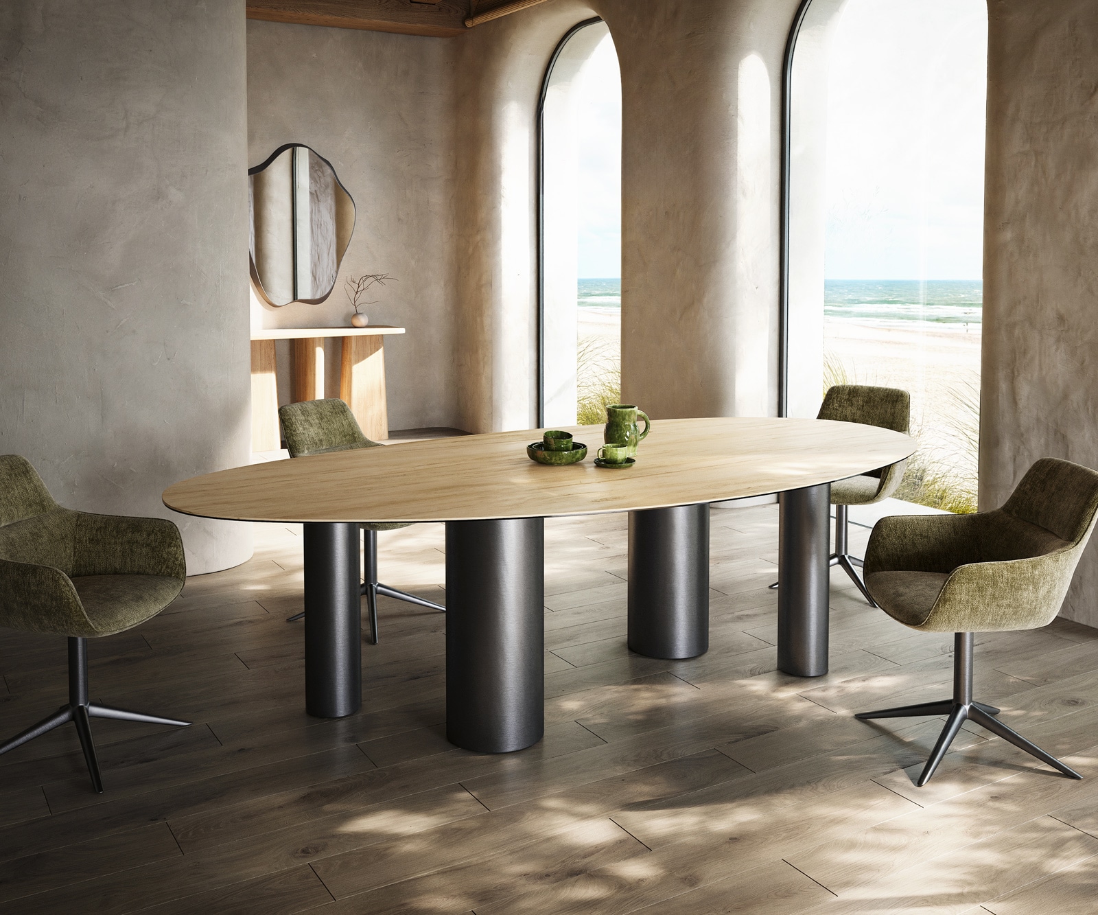 Table à manger Edge Ovale 280x130 Céramique Laminam® Sabbia Couleur chêne Pilier Acier inoxydable Graphite 1