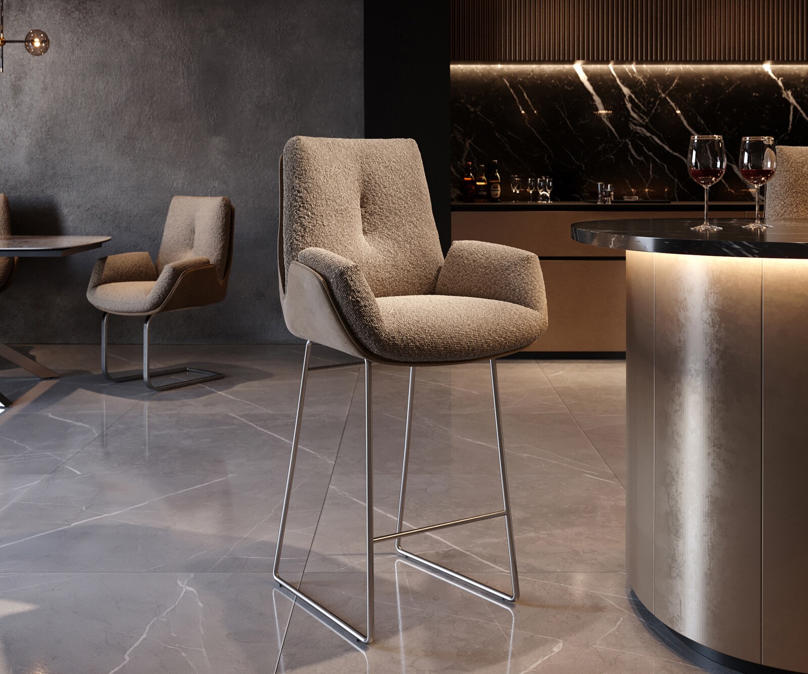 Chaise-de-bar Clea-Flex mélange de matériaux boue piétement traîneau acier inoxydable ressorts ensachés 1