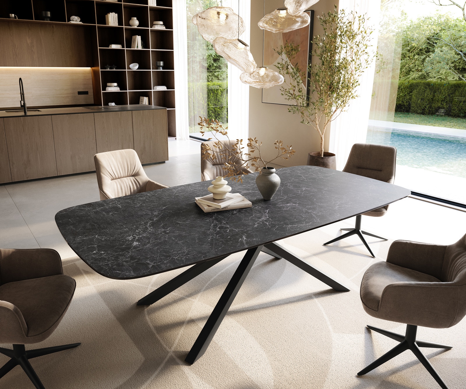 Table à manger Edge Boot 240x120 cm Céramique Laminam® Nero Greco Anthracite piètement en croix Rectangle Noir