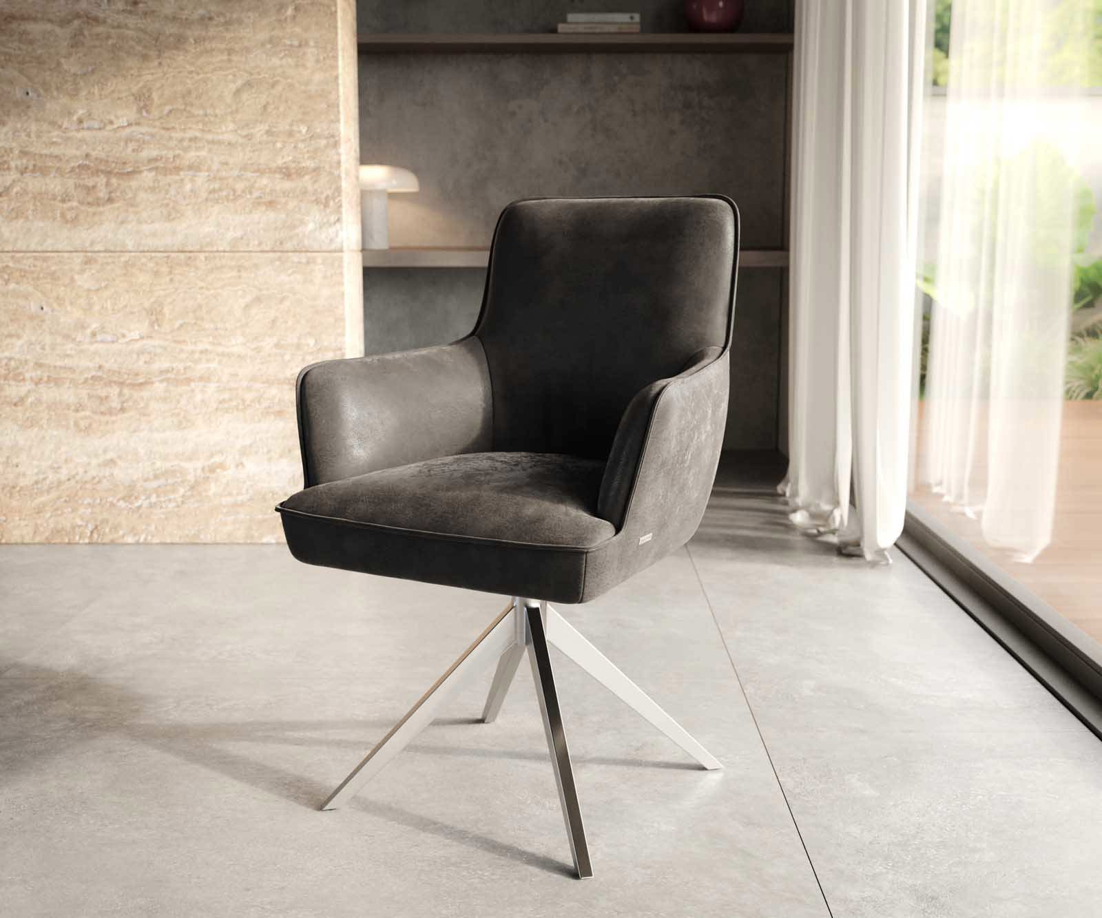 Chaise-pivotante Heira-Flex avec accoudoirs microvelours anthracite vintage pied croisé large acier inoxydable brossé pivotement sur 360° ressorts ensachés