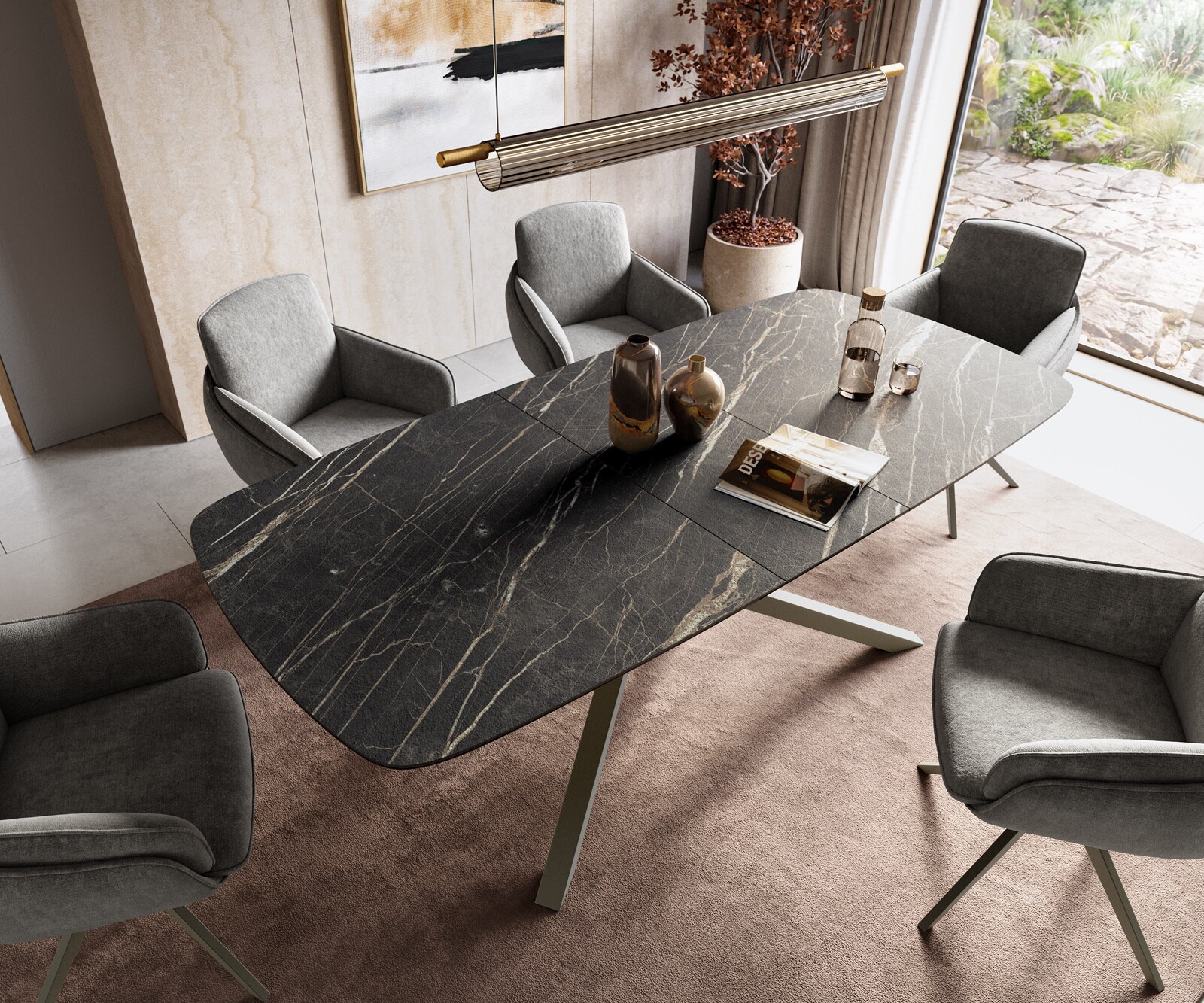 Table à manger Edge Boot 180-220x100 cm Laminam® Céramique Noir Desir Braun piètement en croix Rectangle Finition effet Titan extensible 4