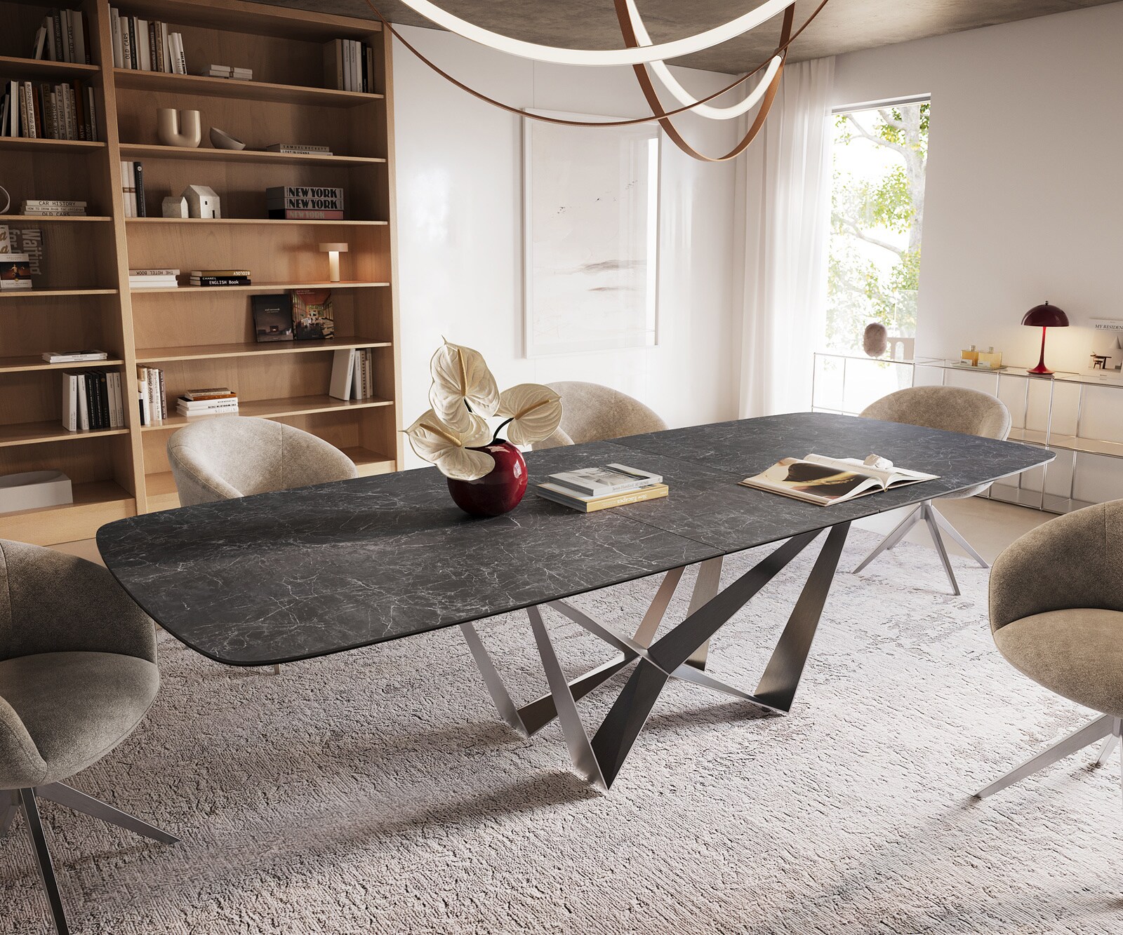 Table à manger Edge Boot 240-300x120 cm Céramique Laminam® Nero Greco Anthracite Spider Flachstahl Acier inoxydable extensible 1