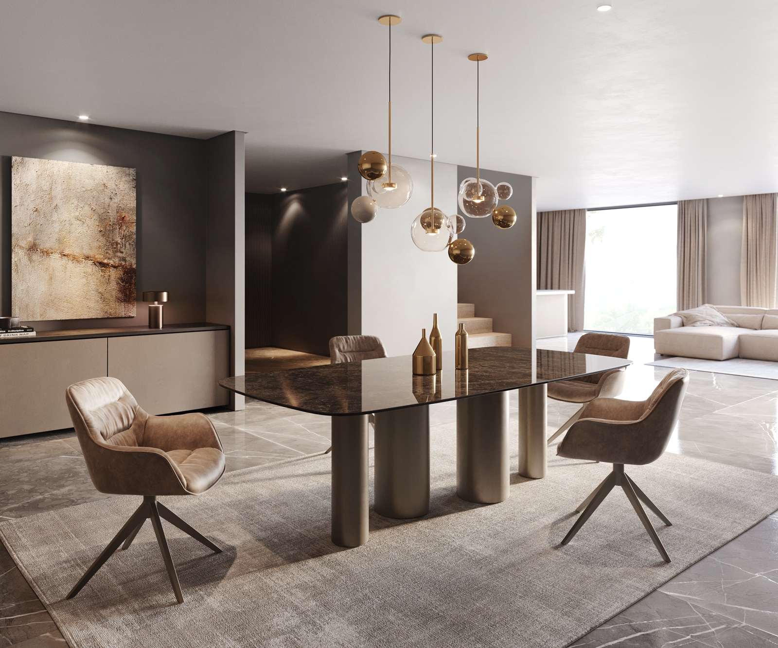 Table à manger Edge Boot 240x120 Laminam® Emperador Extra Lucidato Marron foncé Pilier Métal finition à effet Titane 6