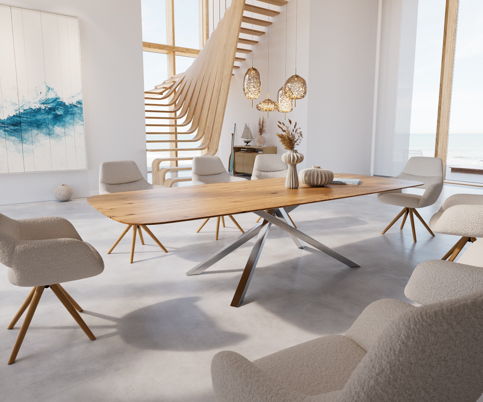 Table à manger Edge Boot 300x120x2,5-3 chêne nature cadre croisé rectangle acier inoxydable bord suisse