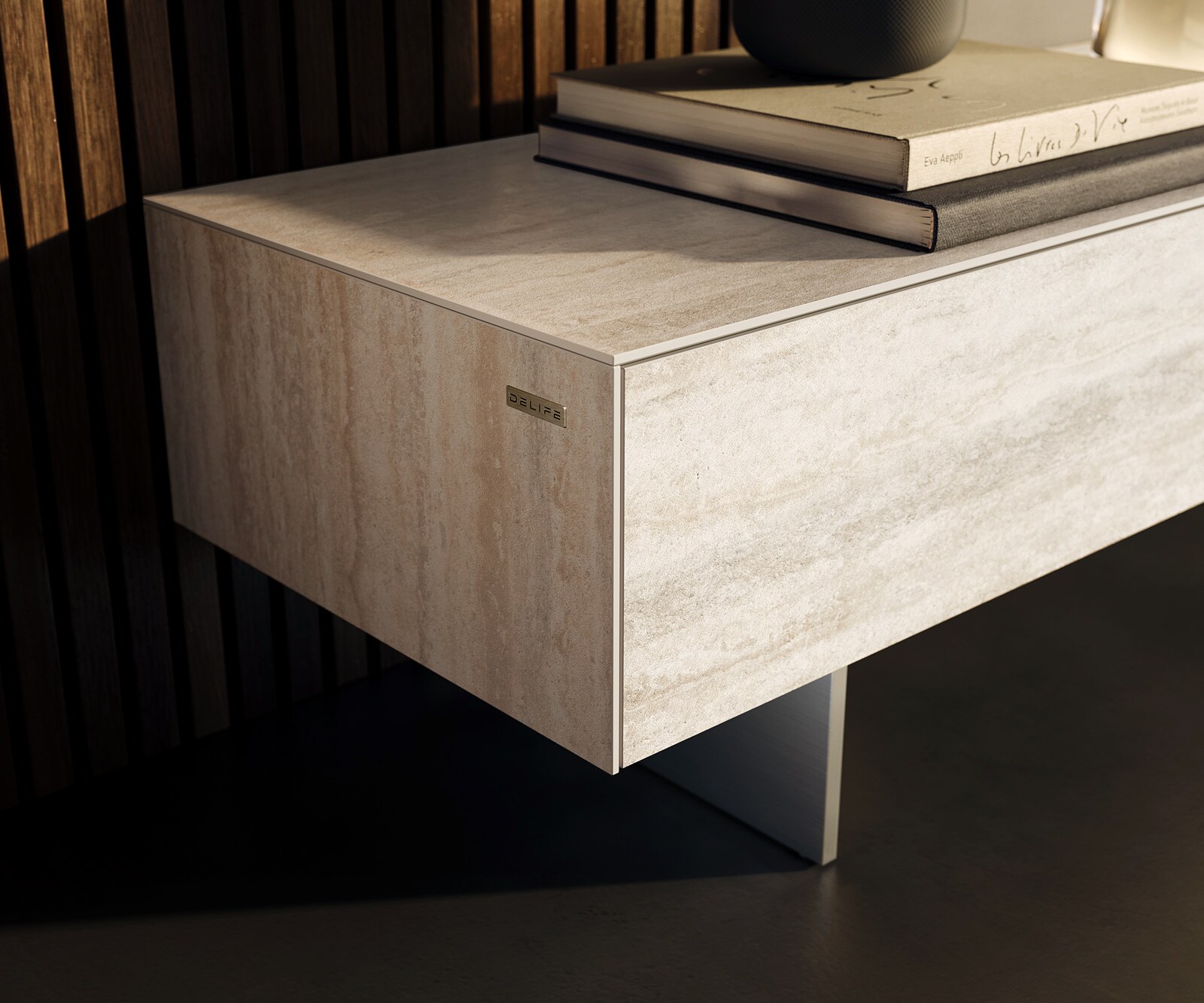 Meuble-TV Cuor 250 cm Céramique Laminam® Travertino Bianco Crème-blanc 1 Clapet 1 Tiroir Pied optique flottant Ancier inoxydable 6