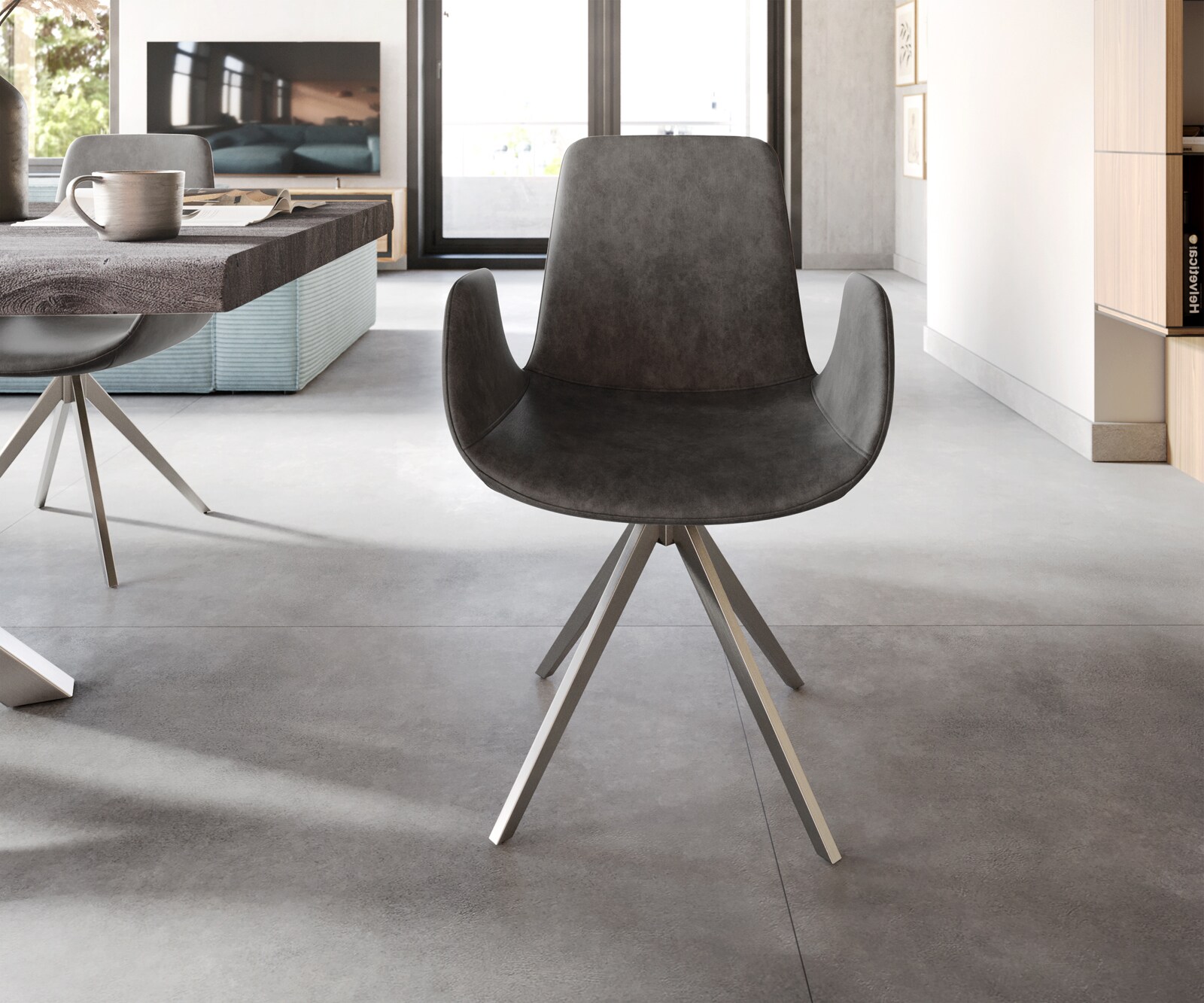 Chaise-de-salle-à-manger Ilia-Flex avec accoudoirs microvelours anthracite vintage pied croisé angulaire acier inoxydable brossé 1