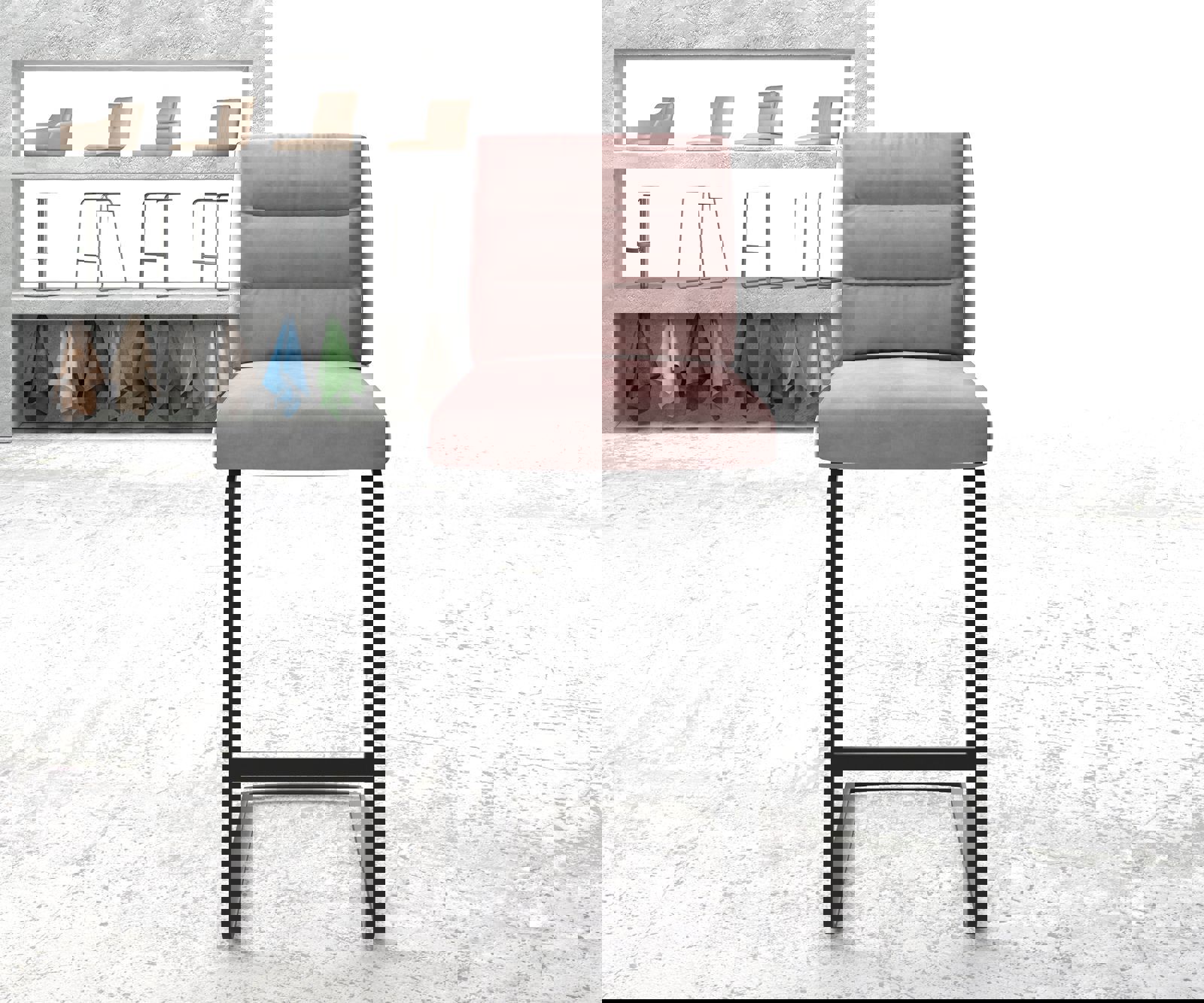 Chaise-de-bar Pela-Flex velours rosé chaise cantilever métal plat 1 Chaise-de-bar Pela-Flex velours rosé chaise cantilever métal plat 1