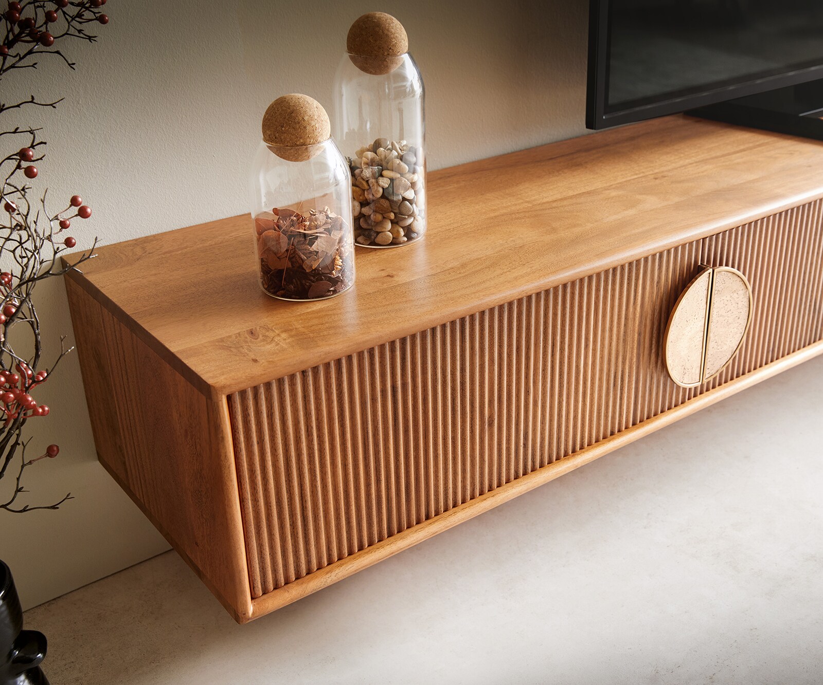 Meuble-TV Surimu 240 cm acacia marron clair 4 portes liège poignée flottante 4