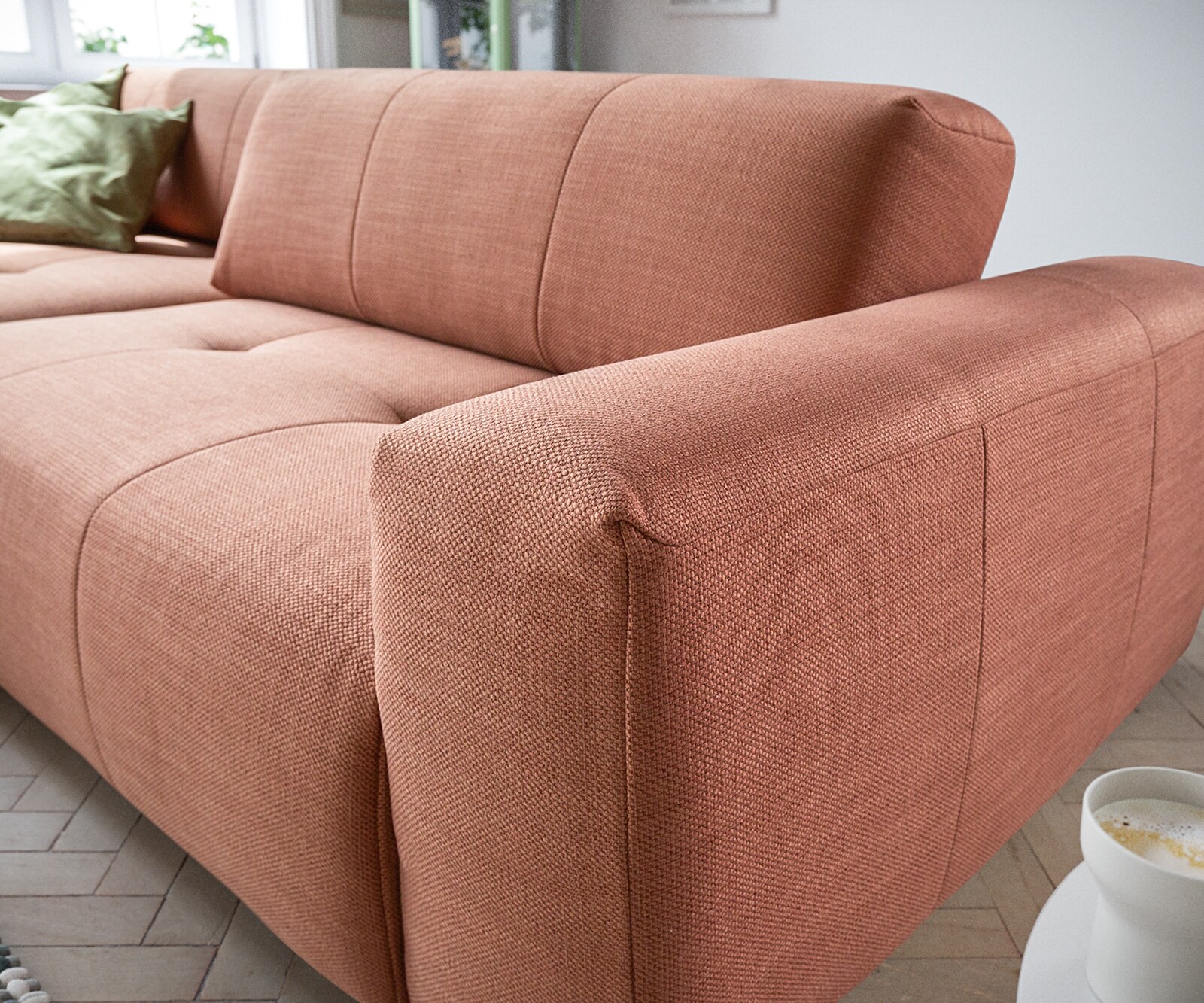 Canapé-d'angle Lazaro 300x160 cm tissu plat orange ottomane à gauche avec réglage de la profondeur d'assise 5