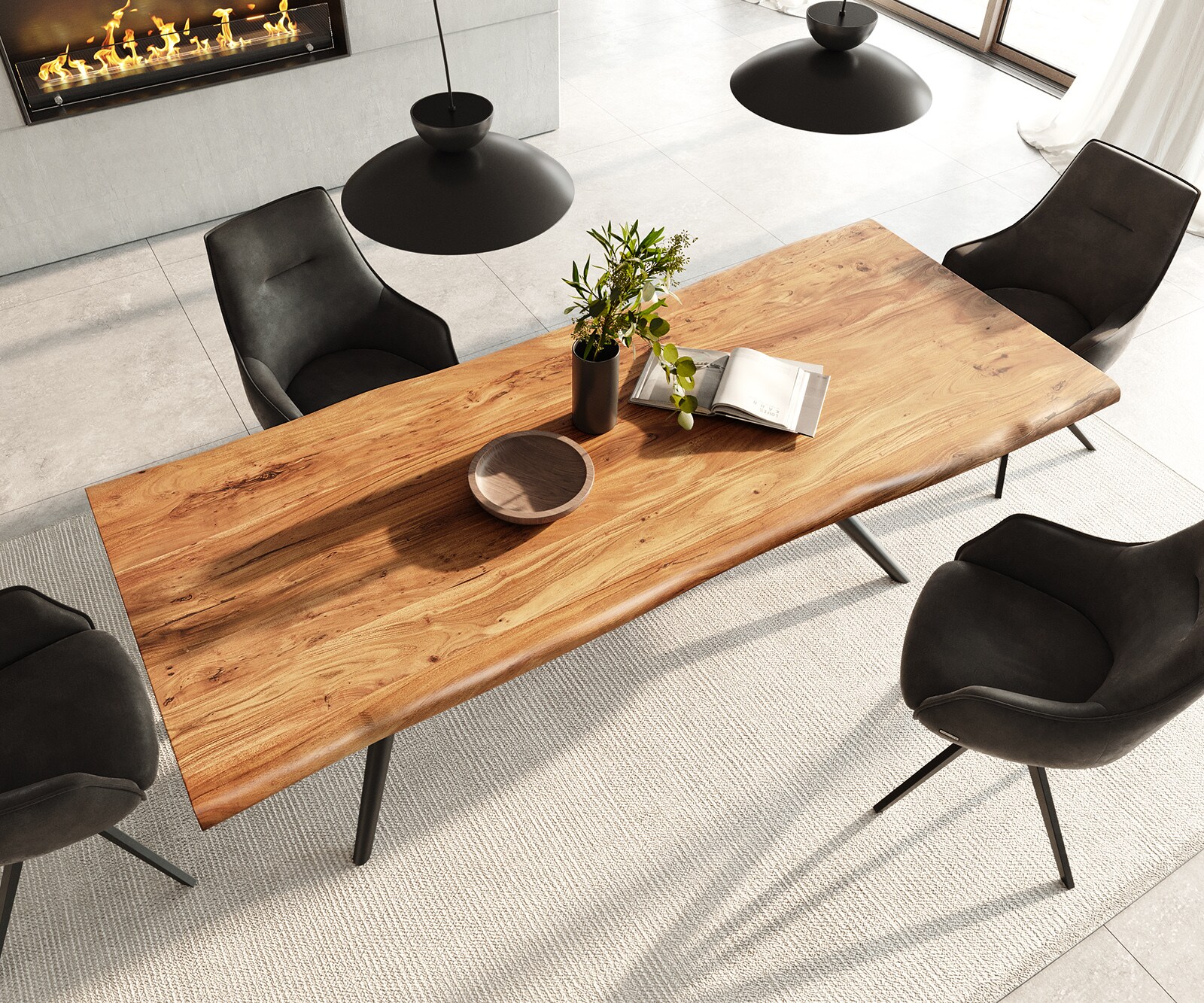 Table à manger Edge 240x100 acacia naturee Estelar rond métal noir Live-Edge 3